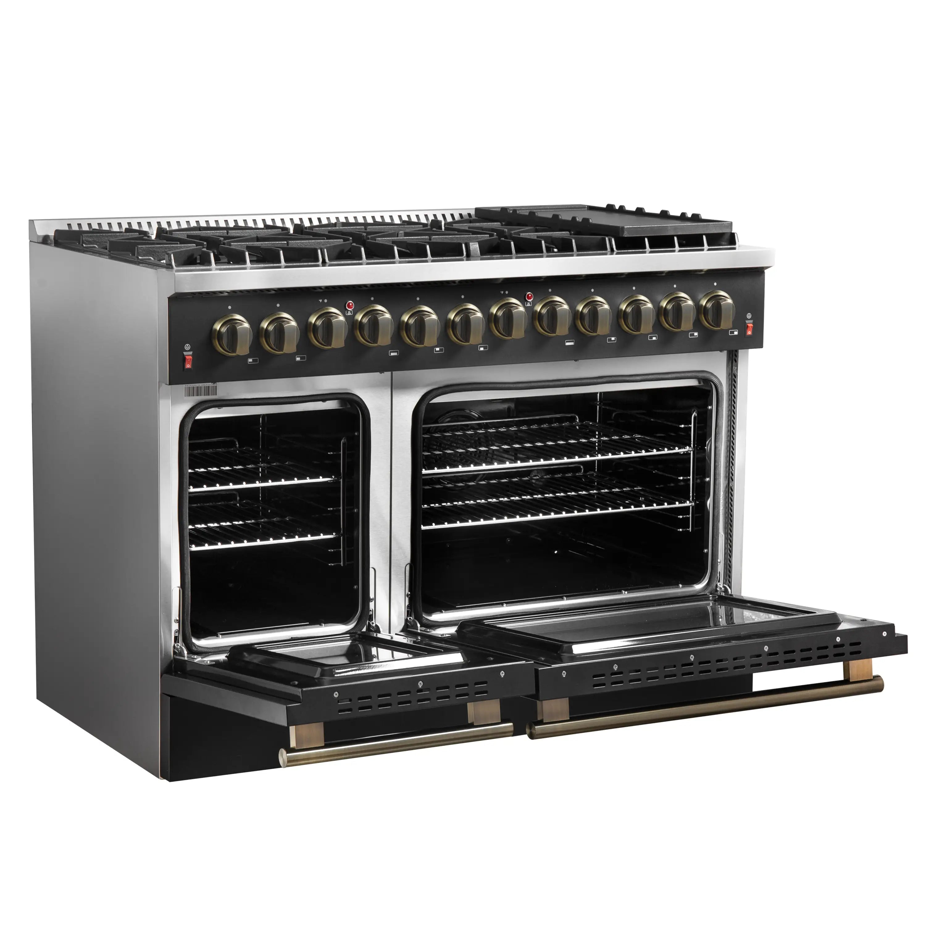 Black dual fuel range with two open ovens and brass trim, front view with cooktop burners