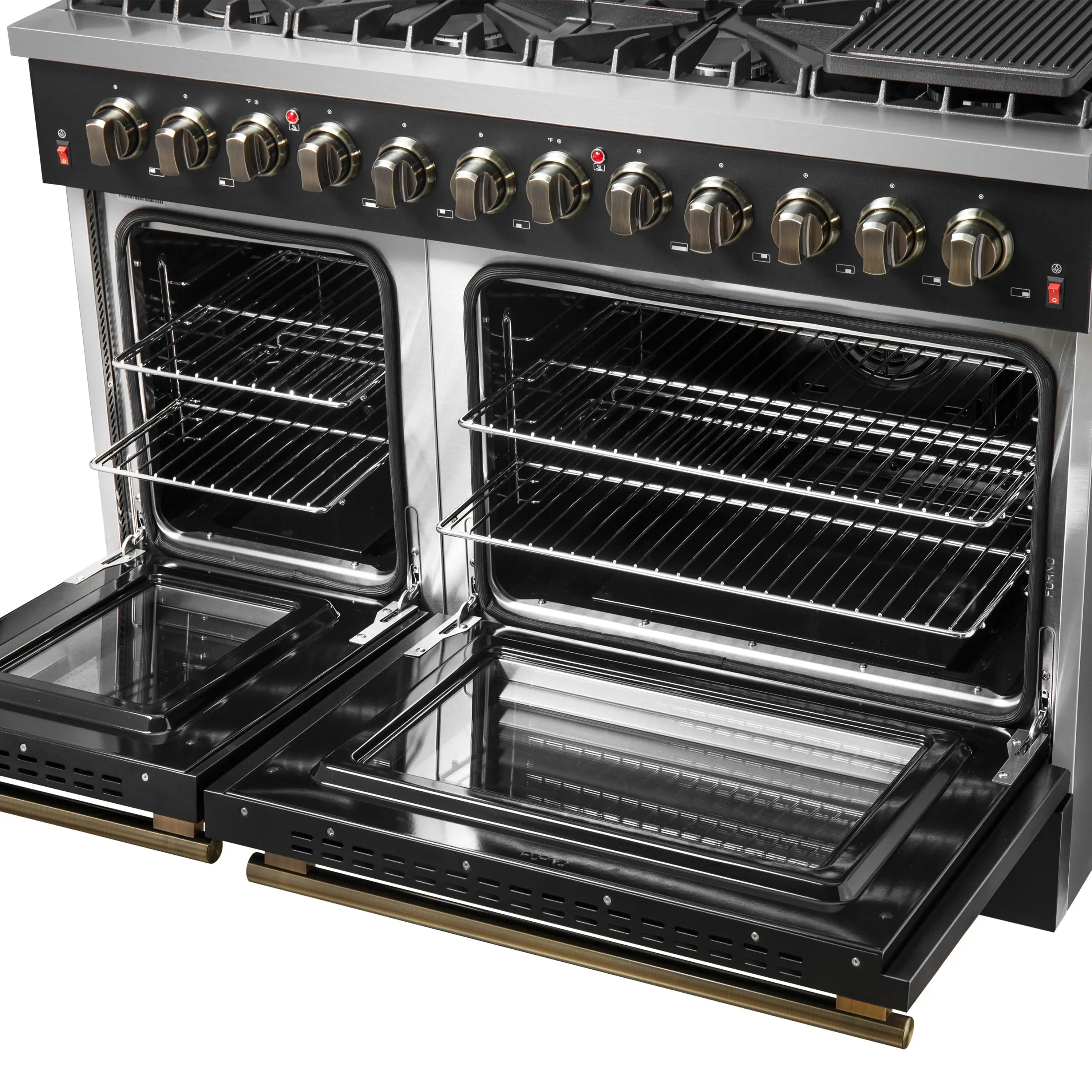 Stainless dual fuel range with both oven doors open and wire racks visible