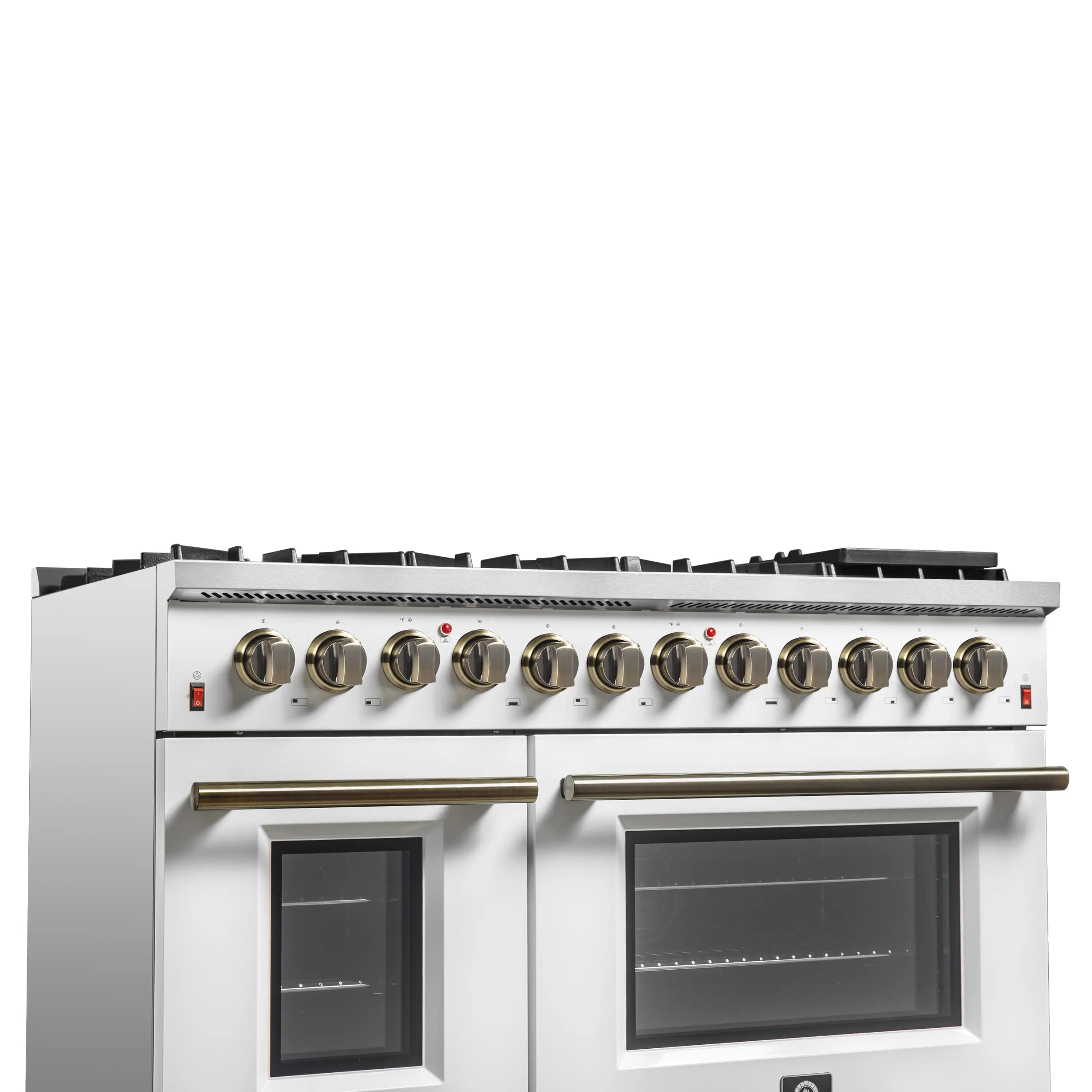 White dual fuel range front with brass knobs and two oven windows beneath