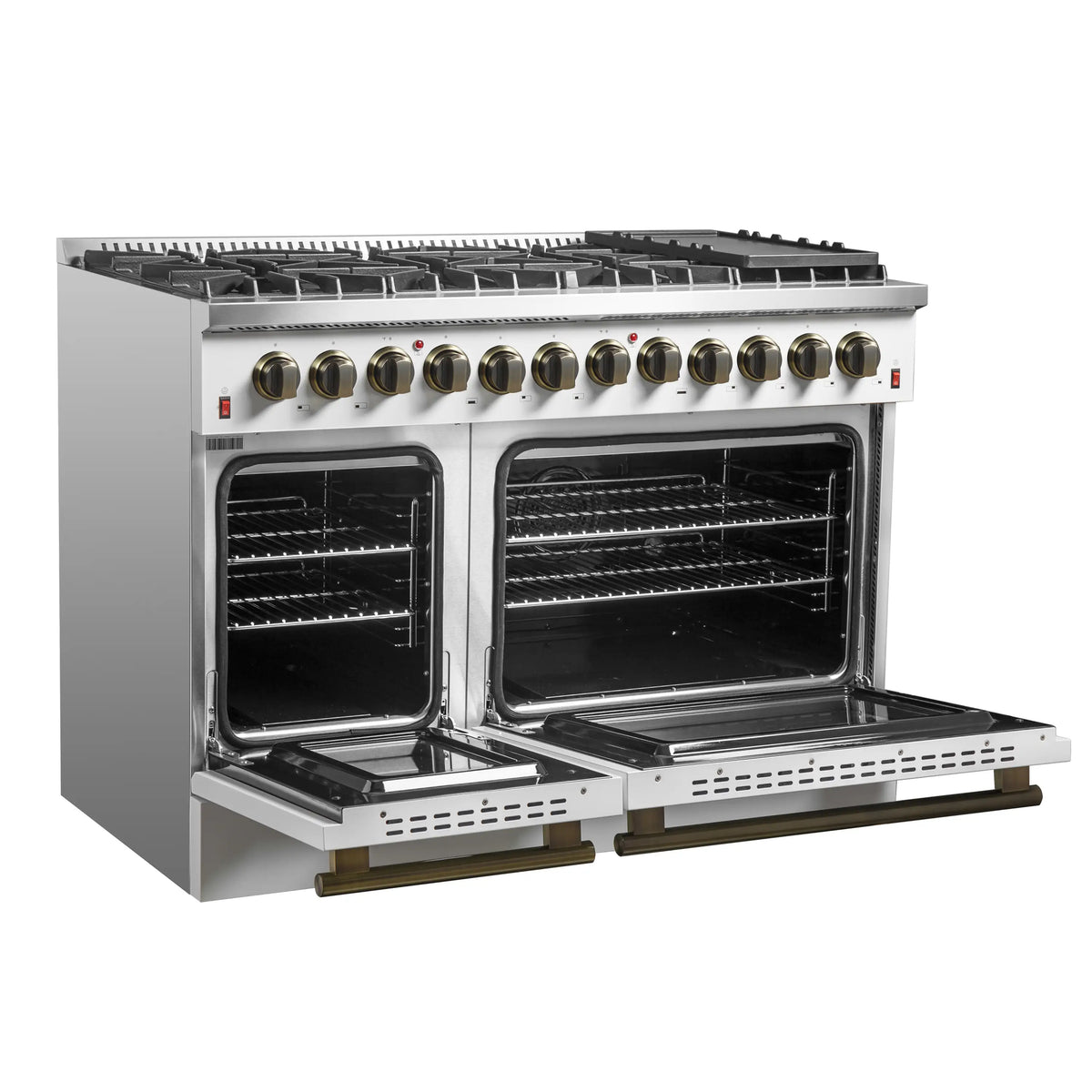 White dual fuel range with one side open, glass oven door, and interior racks