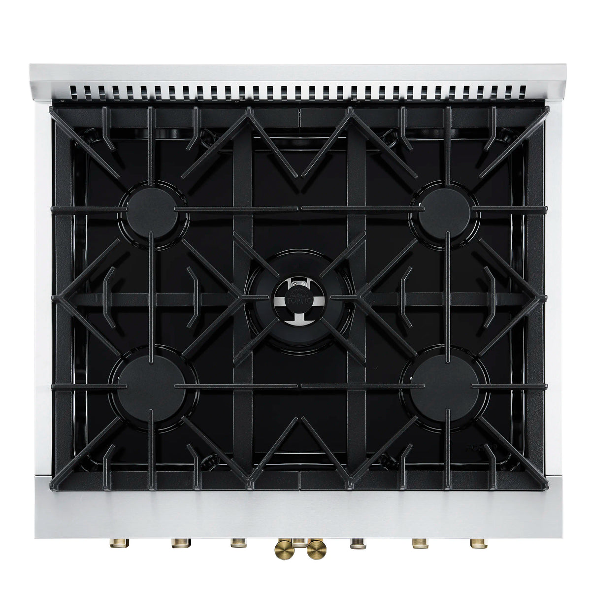 Black dual fuel range cooktop with cast-iron burner grates and circular burner areas