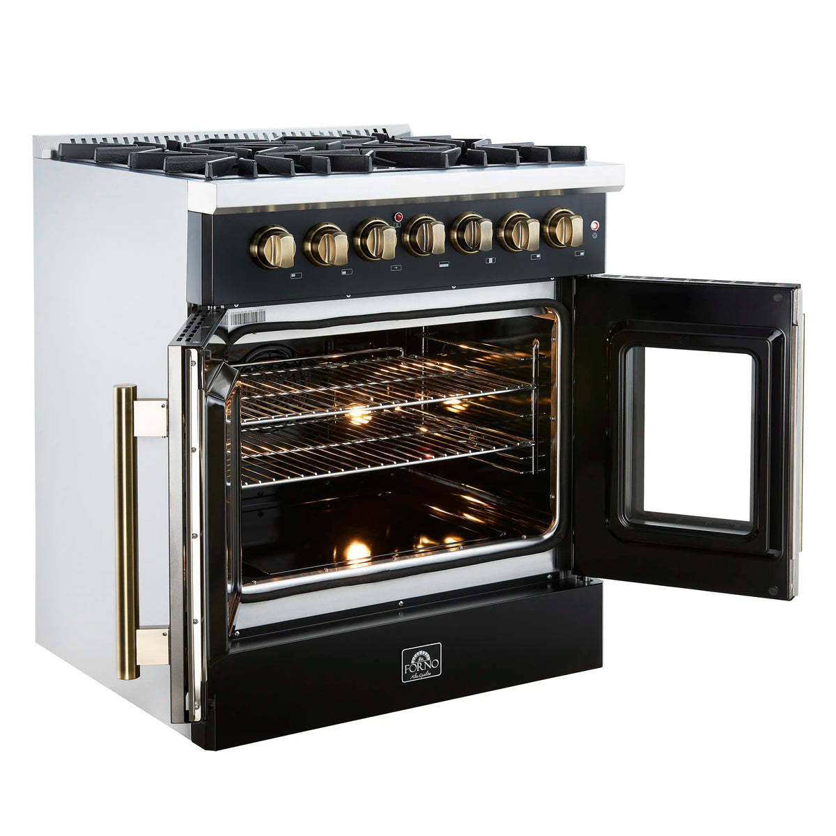 Black dual fuel range with one oven door open and glowing racks inside