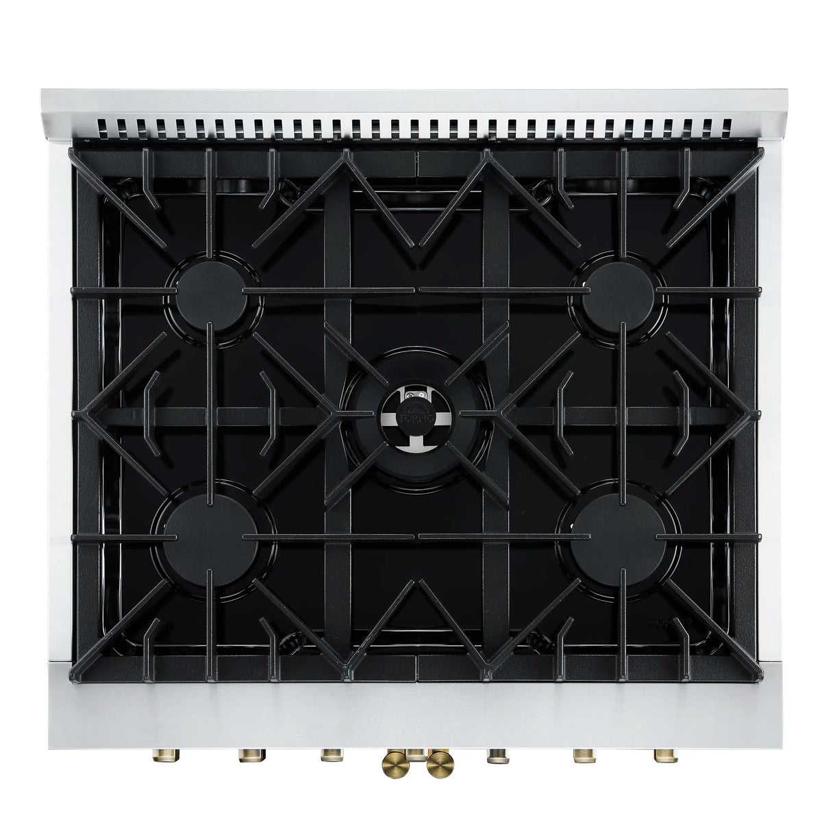 White dual fuel range cooktop with five gas burners, black grates, and antique brass knobs