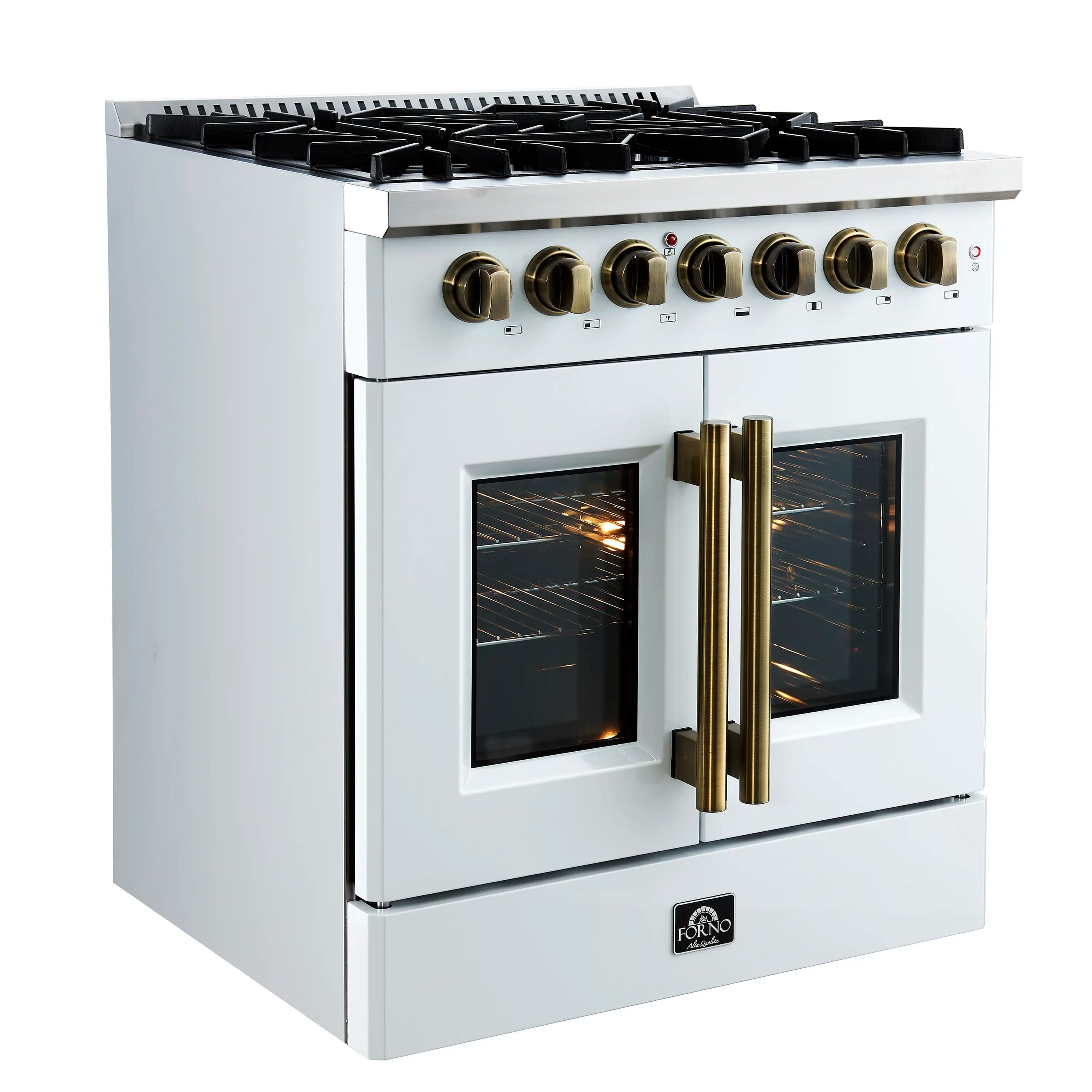 White dual fuel range, 3/4 view: brass handles on two oven doors and black cooktop grates.