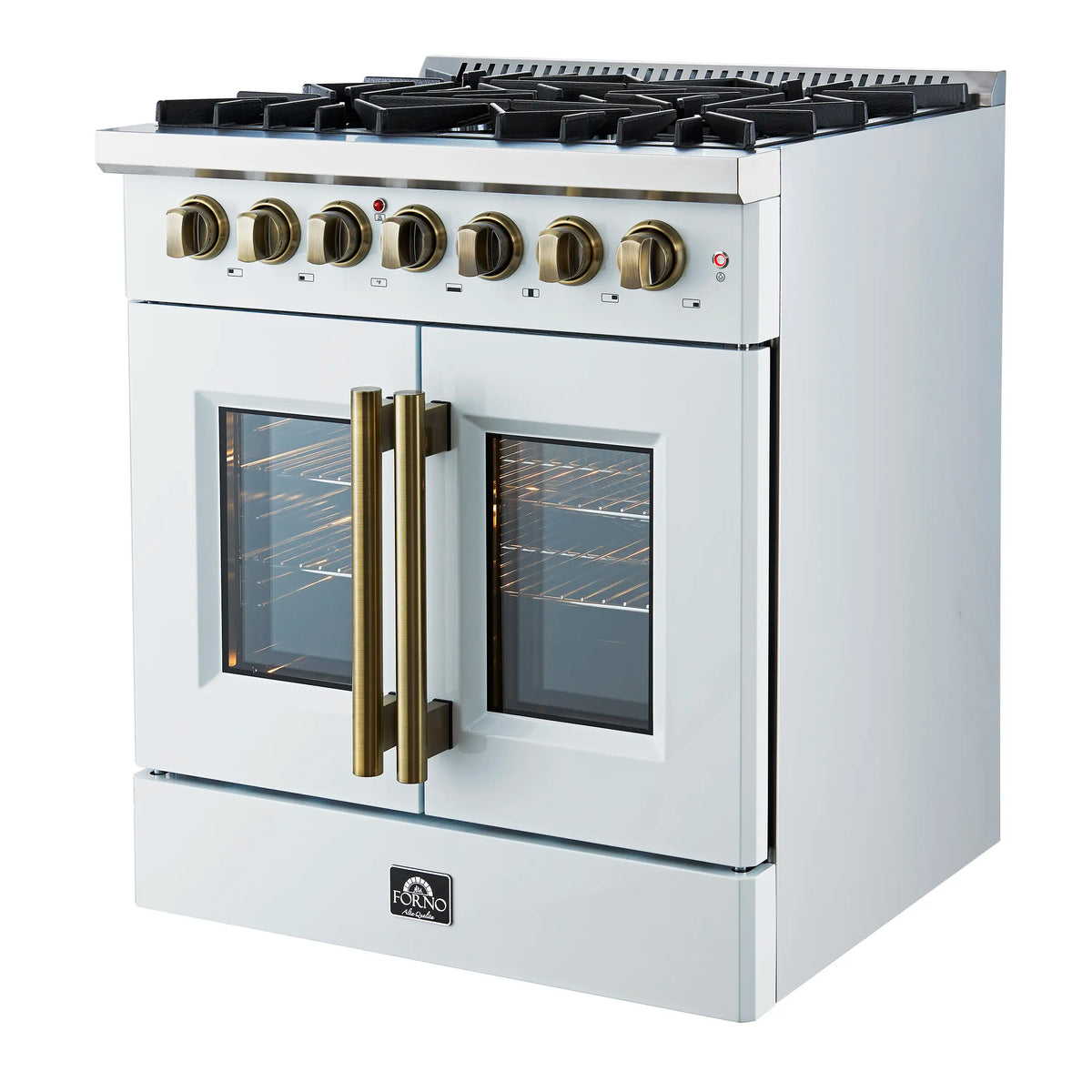 White dual fuel range front with two glass oven doors, brass handles, and control knobs.
