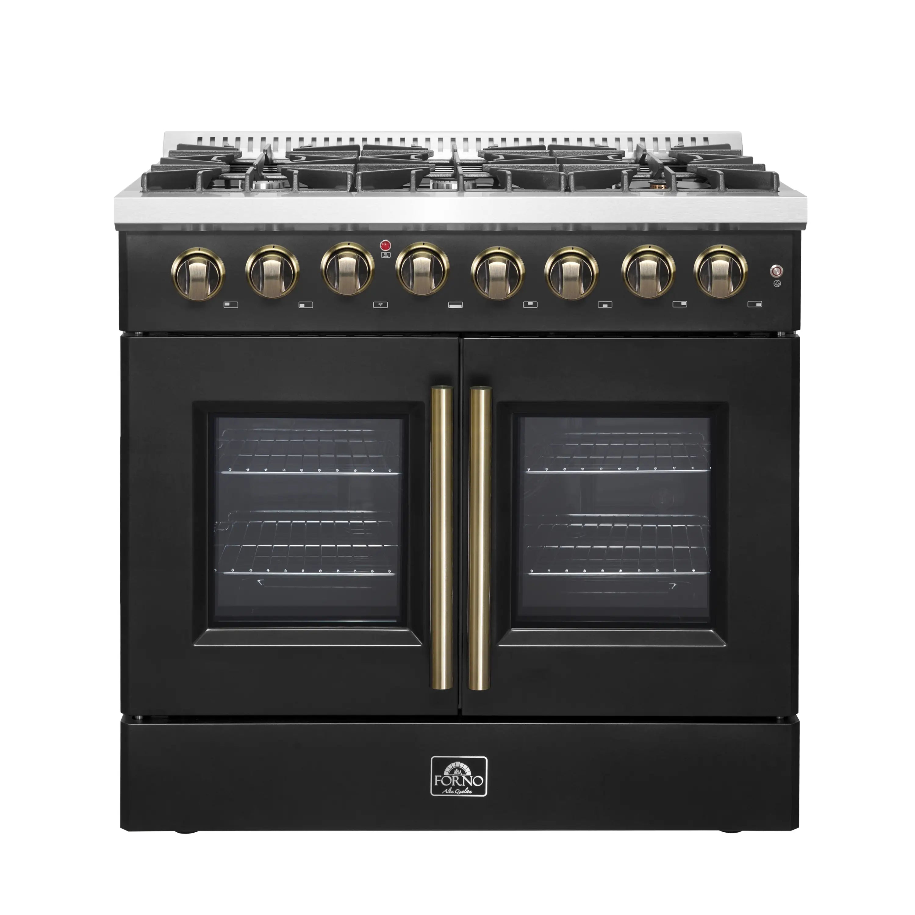 Black dual fuel range with French doors and antique brass center handles, front view.
