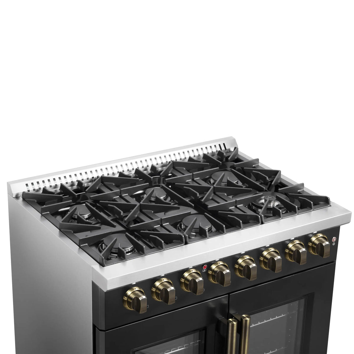 Black dual-fuel French door range with black gas burners, brass knobs, and oven windows