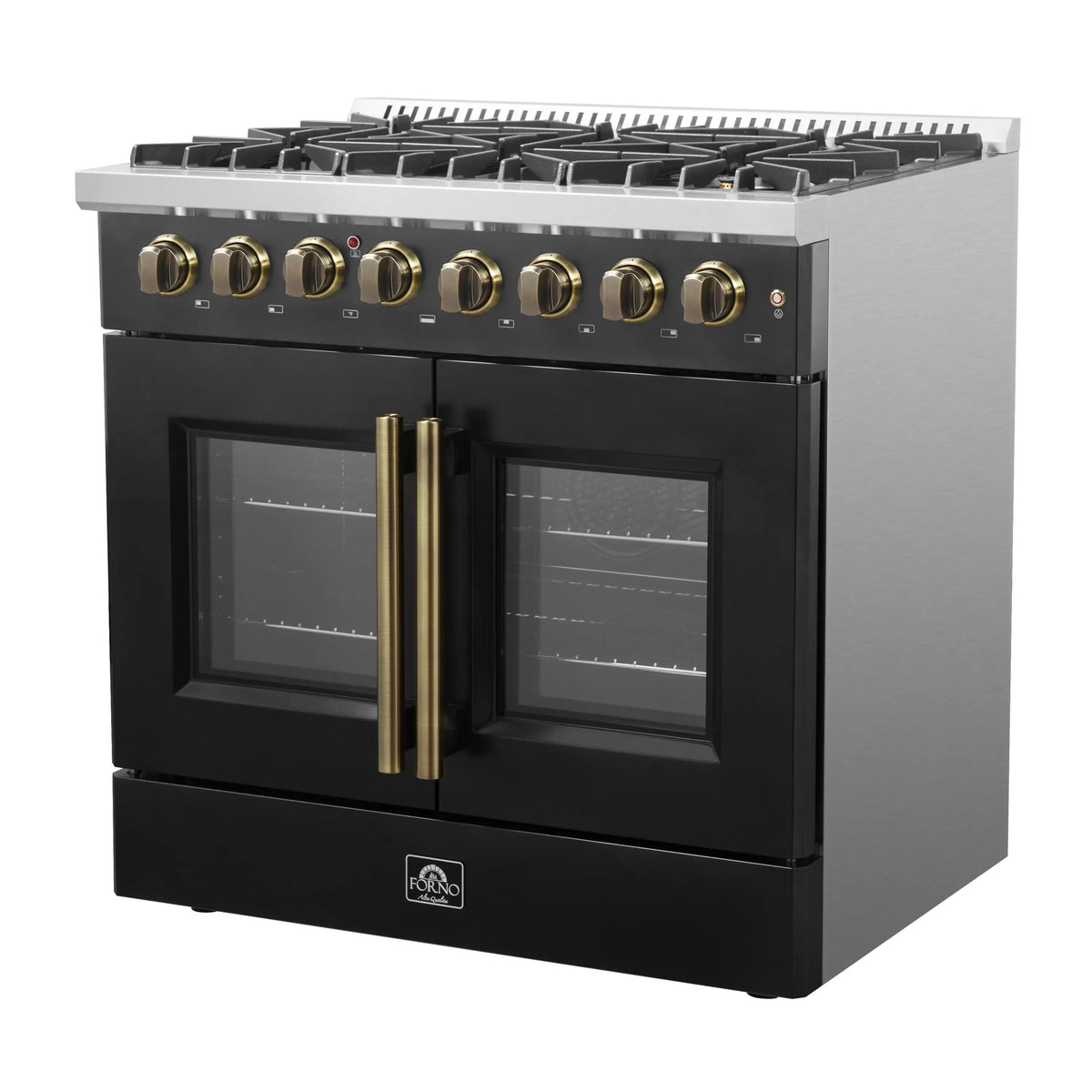 Black dual fuel French door range with brass handles, control knobs above two ovens.
