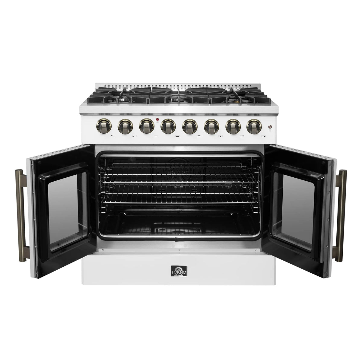 White dual fuel range with open French doors, gas burners, and antique brass handles
