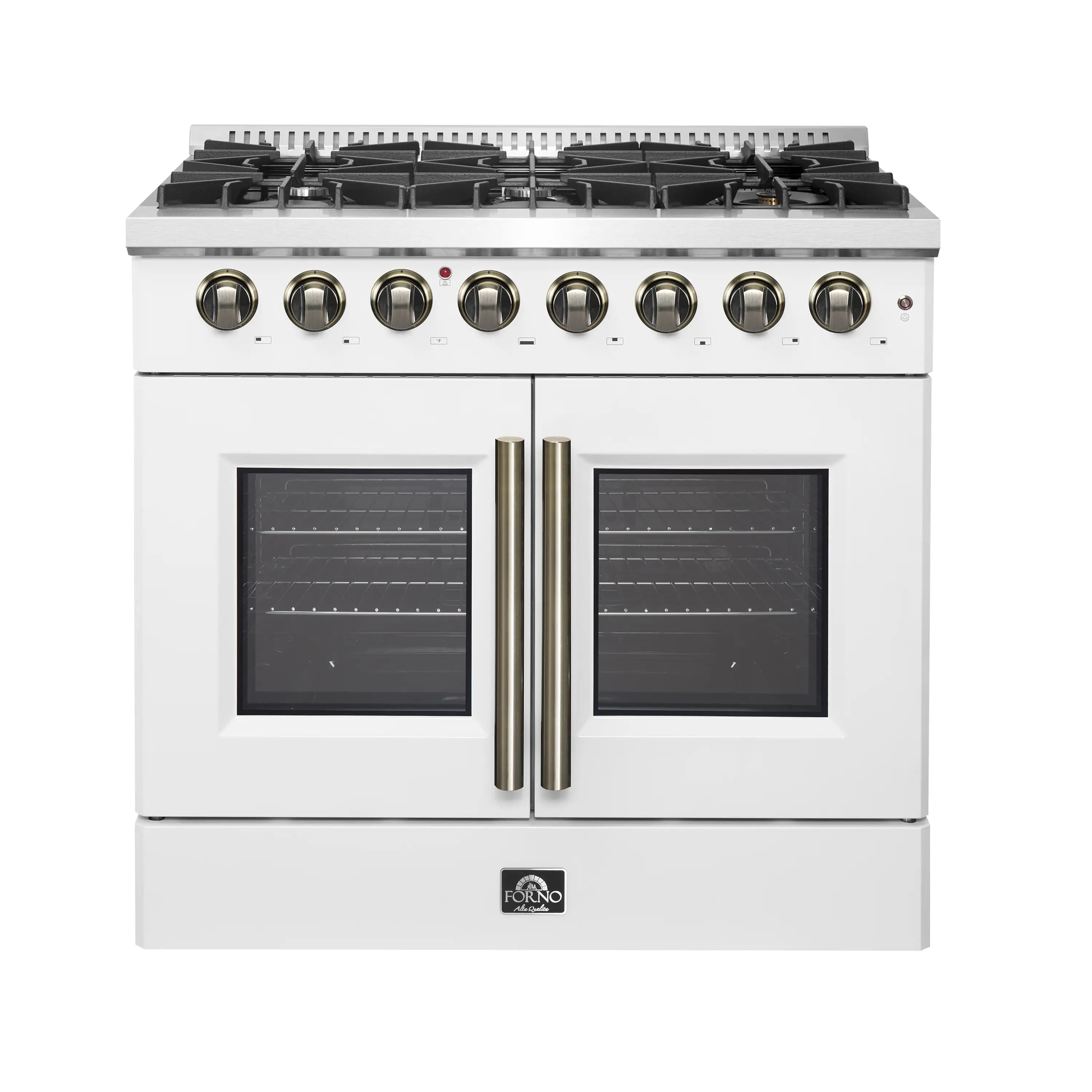 White dual fuel range with French doors, antique brass vertical handles, and gas burners
