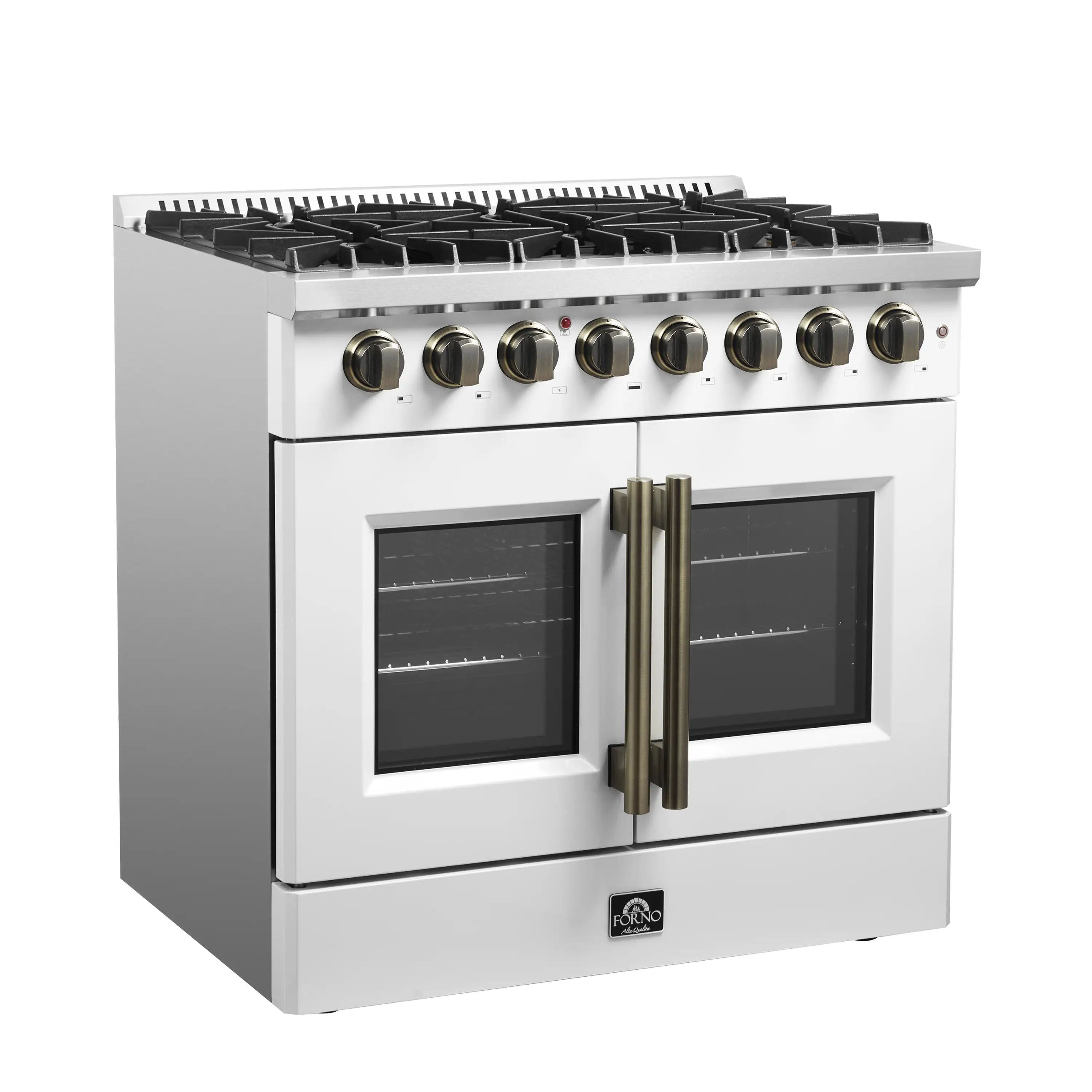 White dual-fuel range with six gas burners, brass knobs, and closed French doors