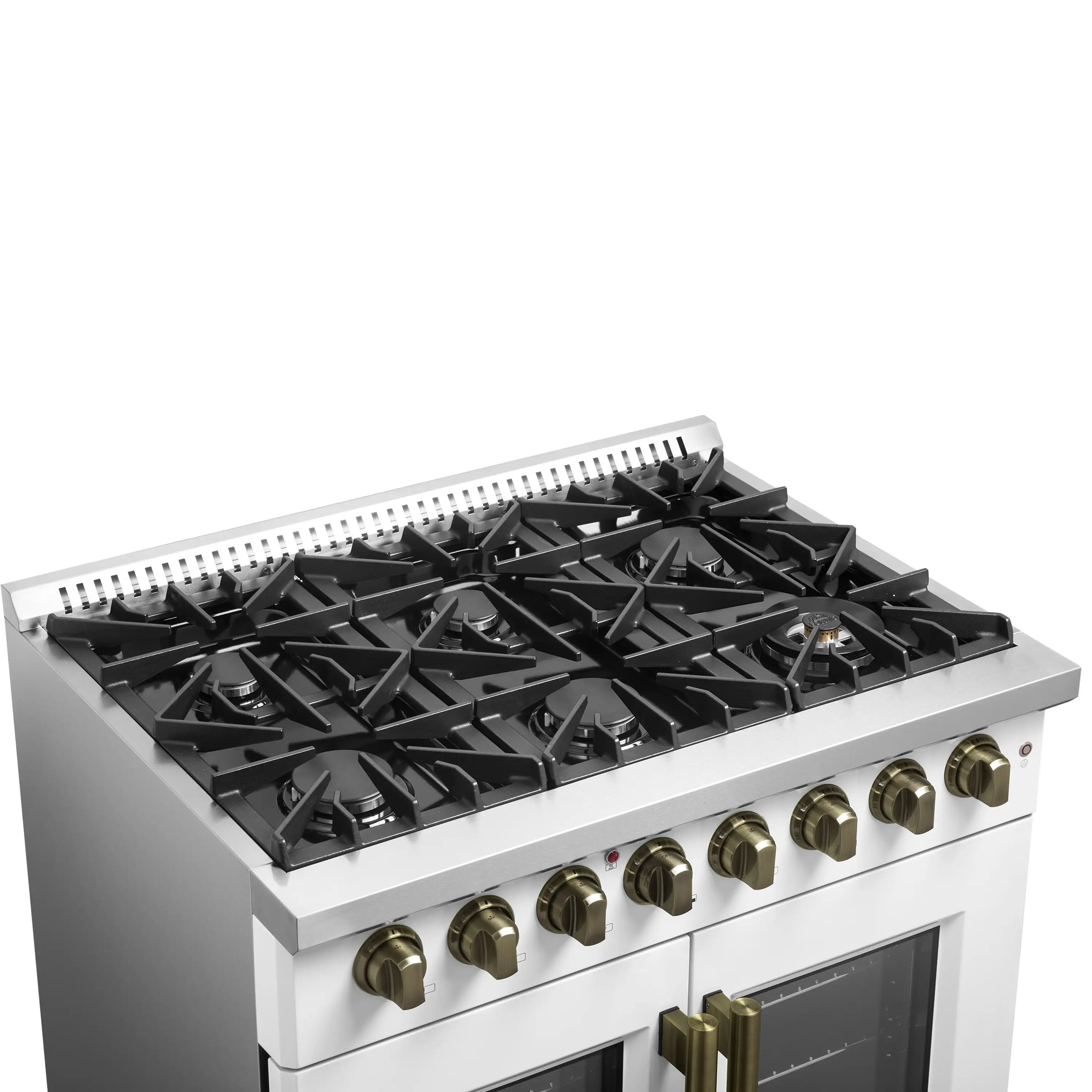 White dual-fuel range with six black gas grates and brass control knobs