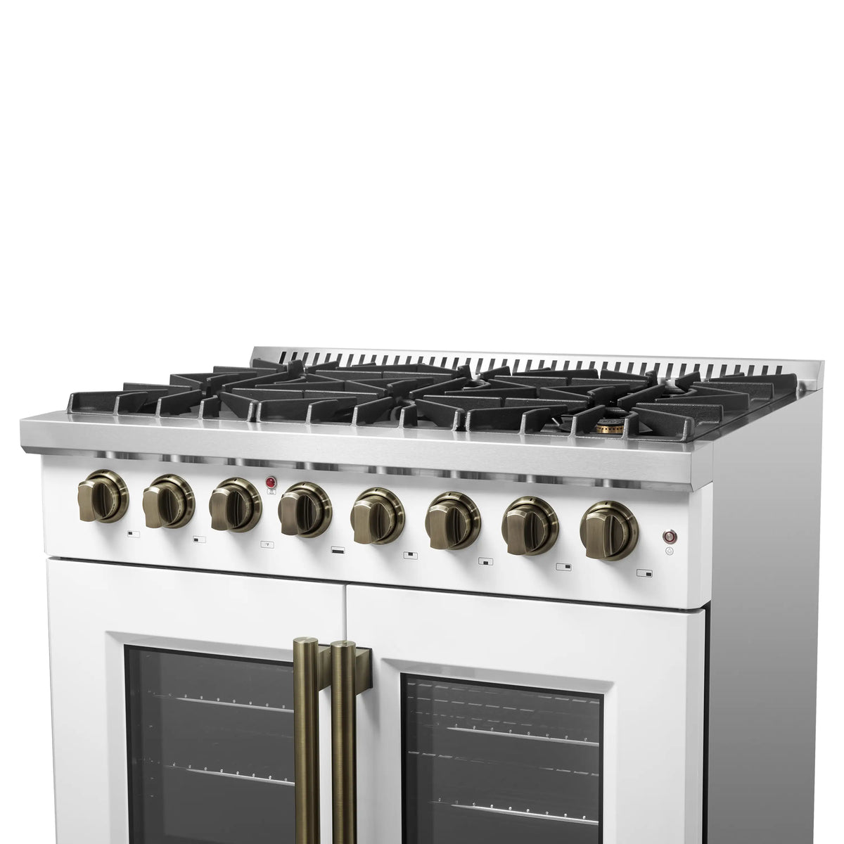 White cooktop with six gas burners and brass knobs on the front panel
