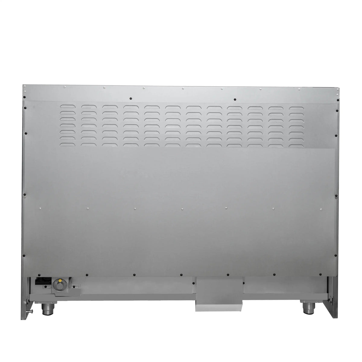 Black dual fuel range back panel with ventilation openings and gas/electrical connections