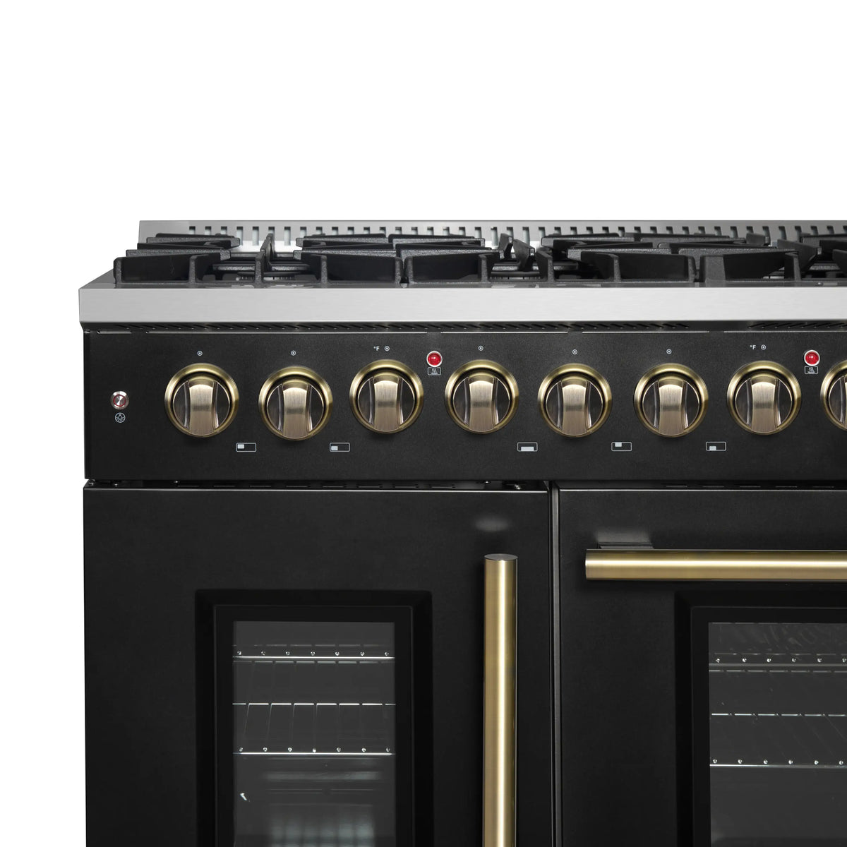 Black range with front control knobs and two oven doors; brass-style handle details