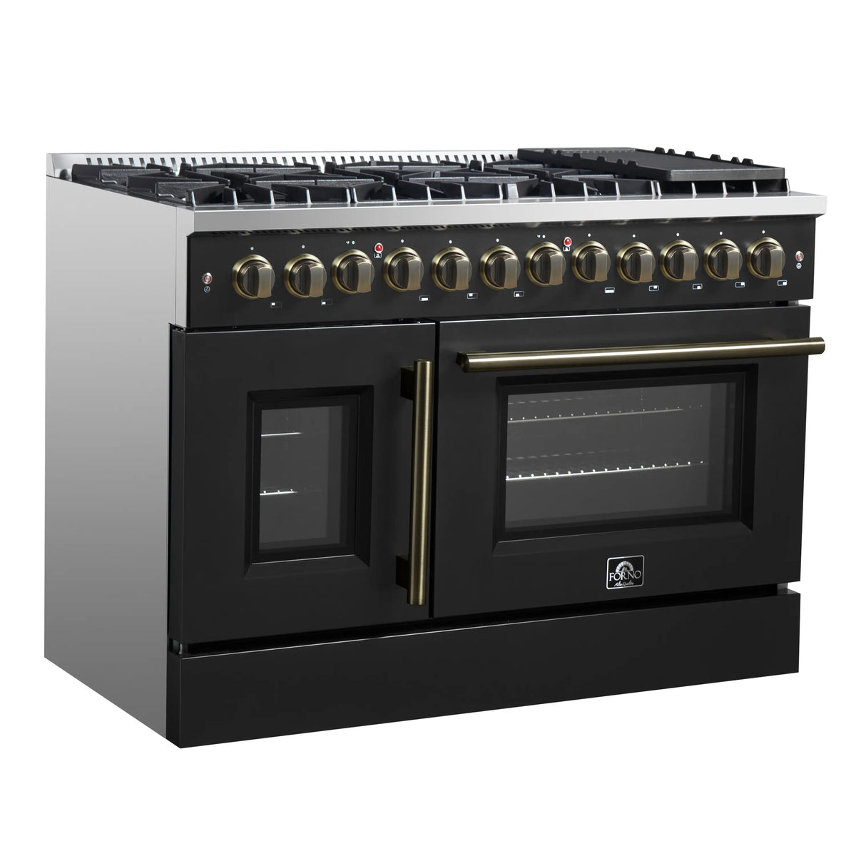 Black dual fuel range front with French doors, brass knobs, and two oven door windows
