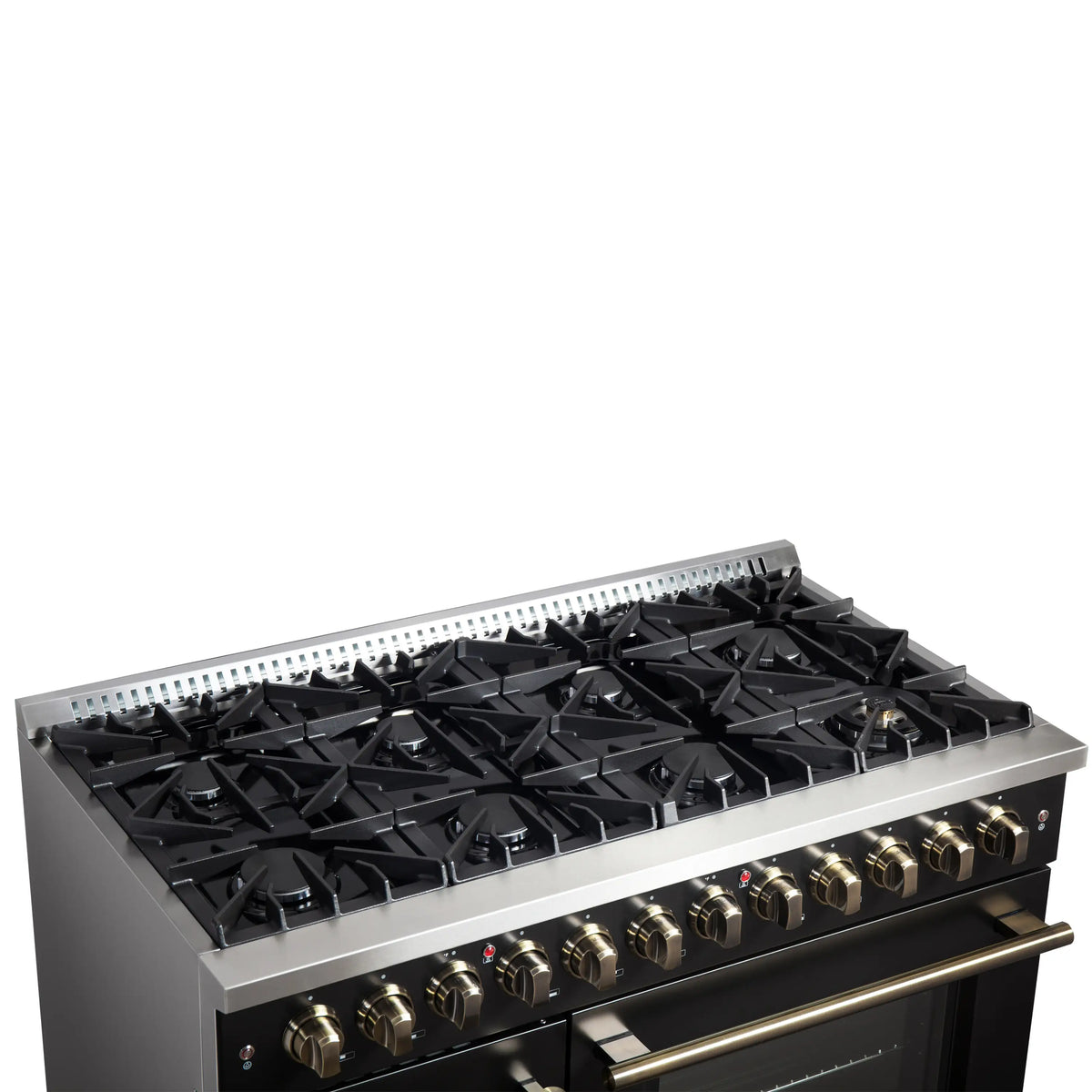 Black dual fuel range cooktop with burners and grates; brass-style control accents