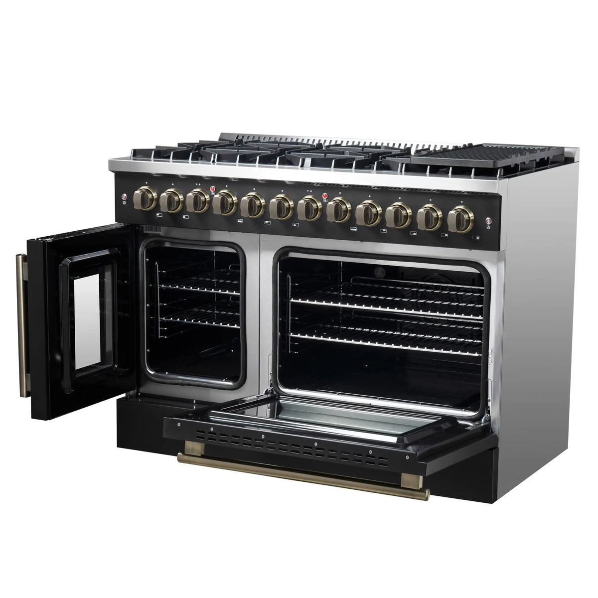 Black dual fuel range with French doors open; brass-style trim and burner knobs