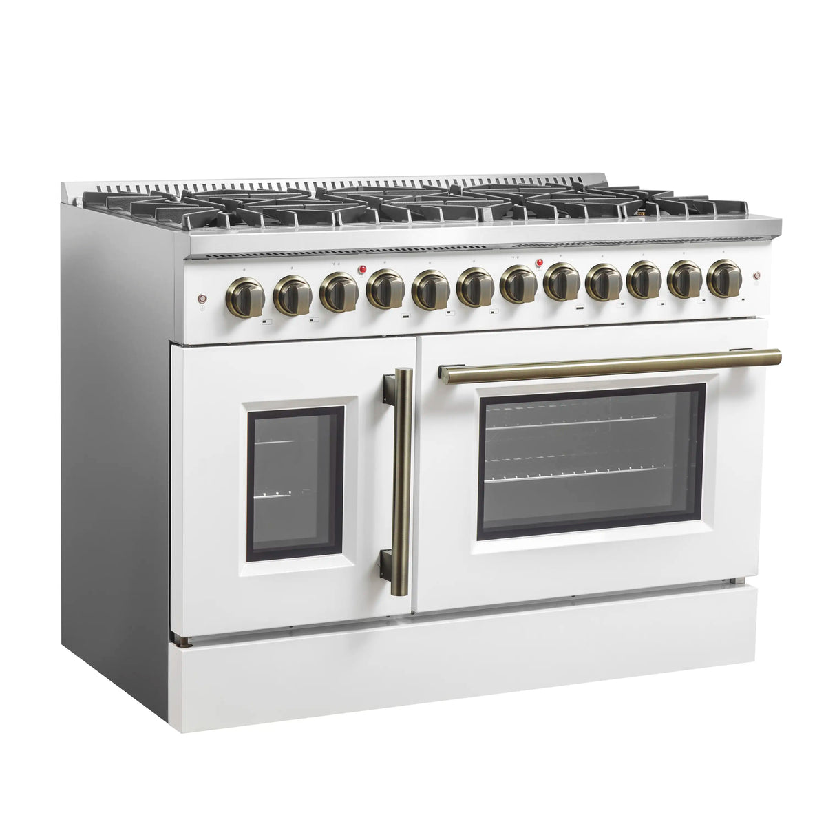 White dual fuel range with brass handle and two oven doors with dark glass windows