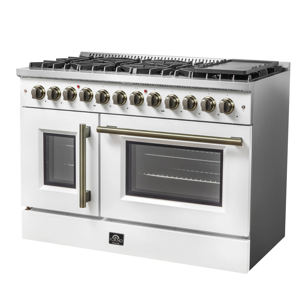 White dual fuel range with brass vertical handle and two oven doors with dark glass