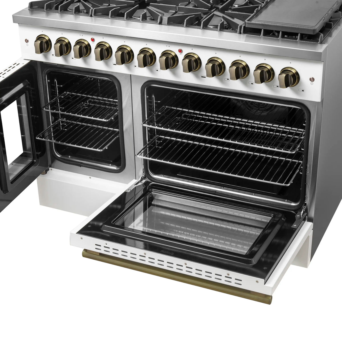 White dual fuel range with two open ovens and black racks; brass door handle