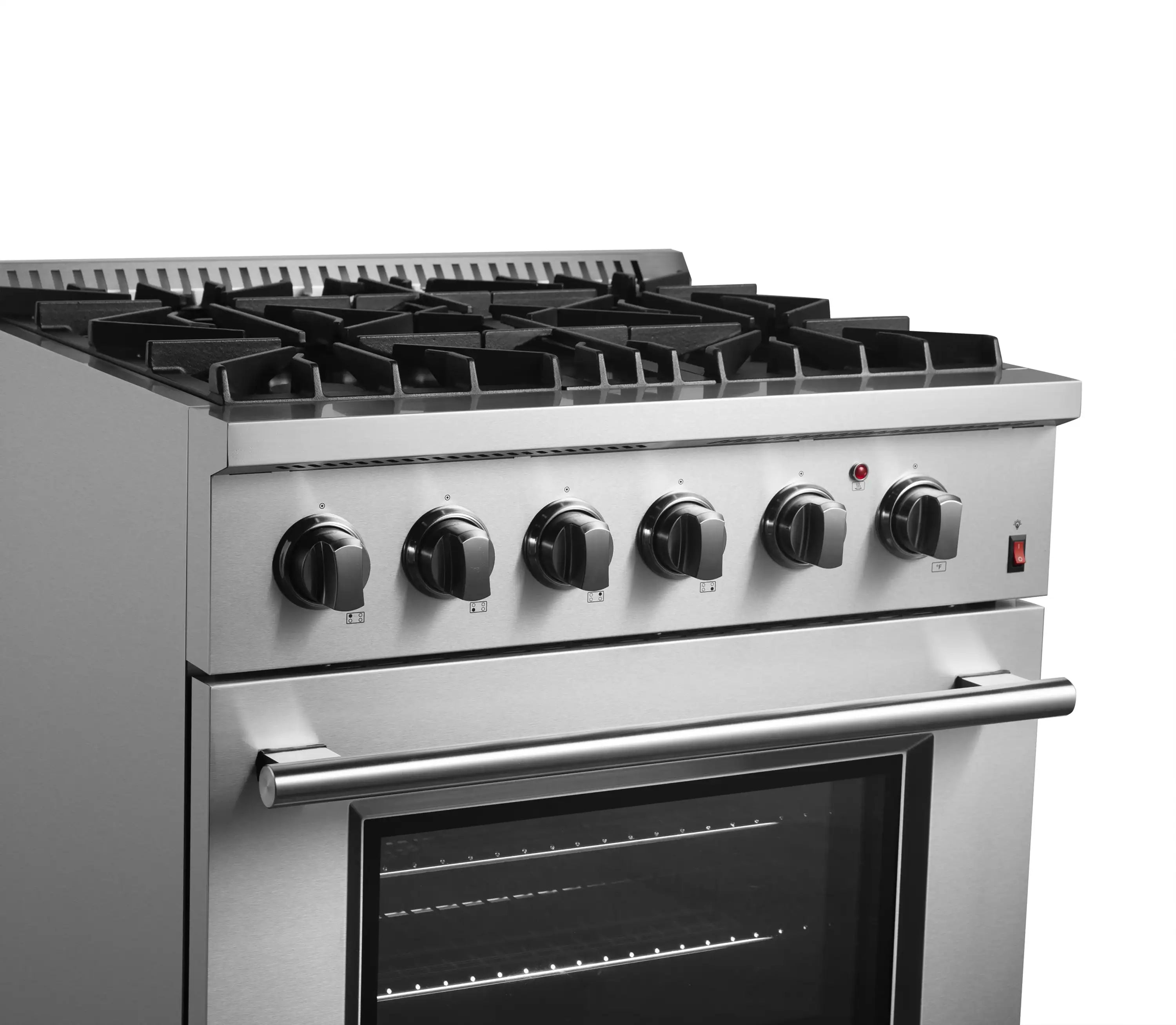 Stainless steel dual fuel range front view with four burners and oven control knobs