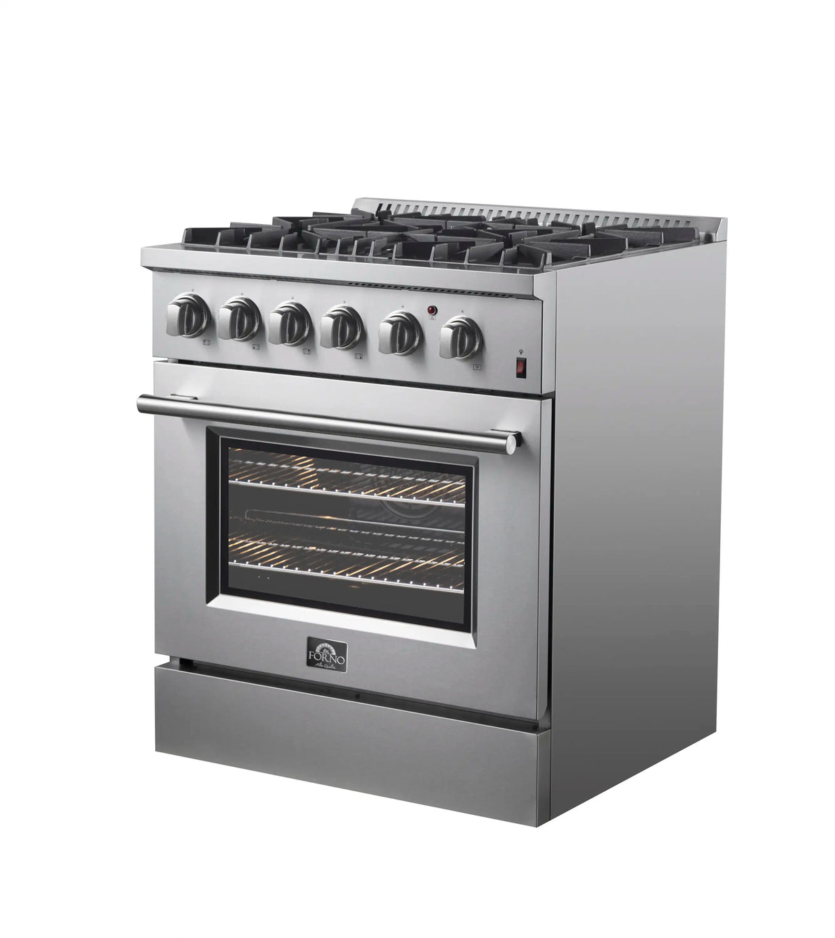 Stainless steel dual fuel range with four burners and lit oven window, side angle view.