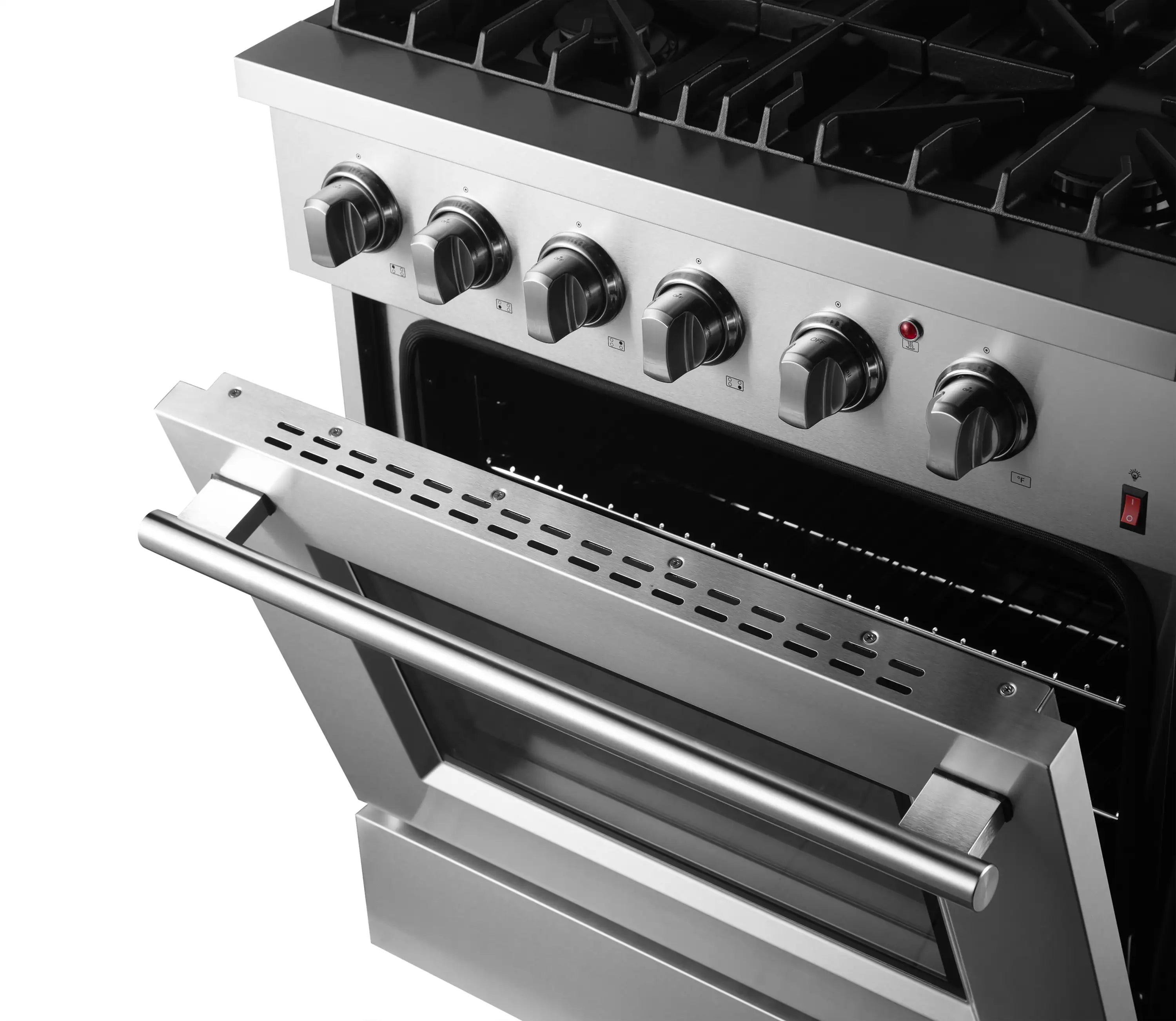 Stainless steel range with open oven and control knobs above the cooktop