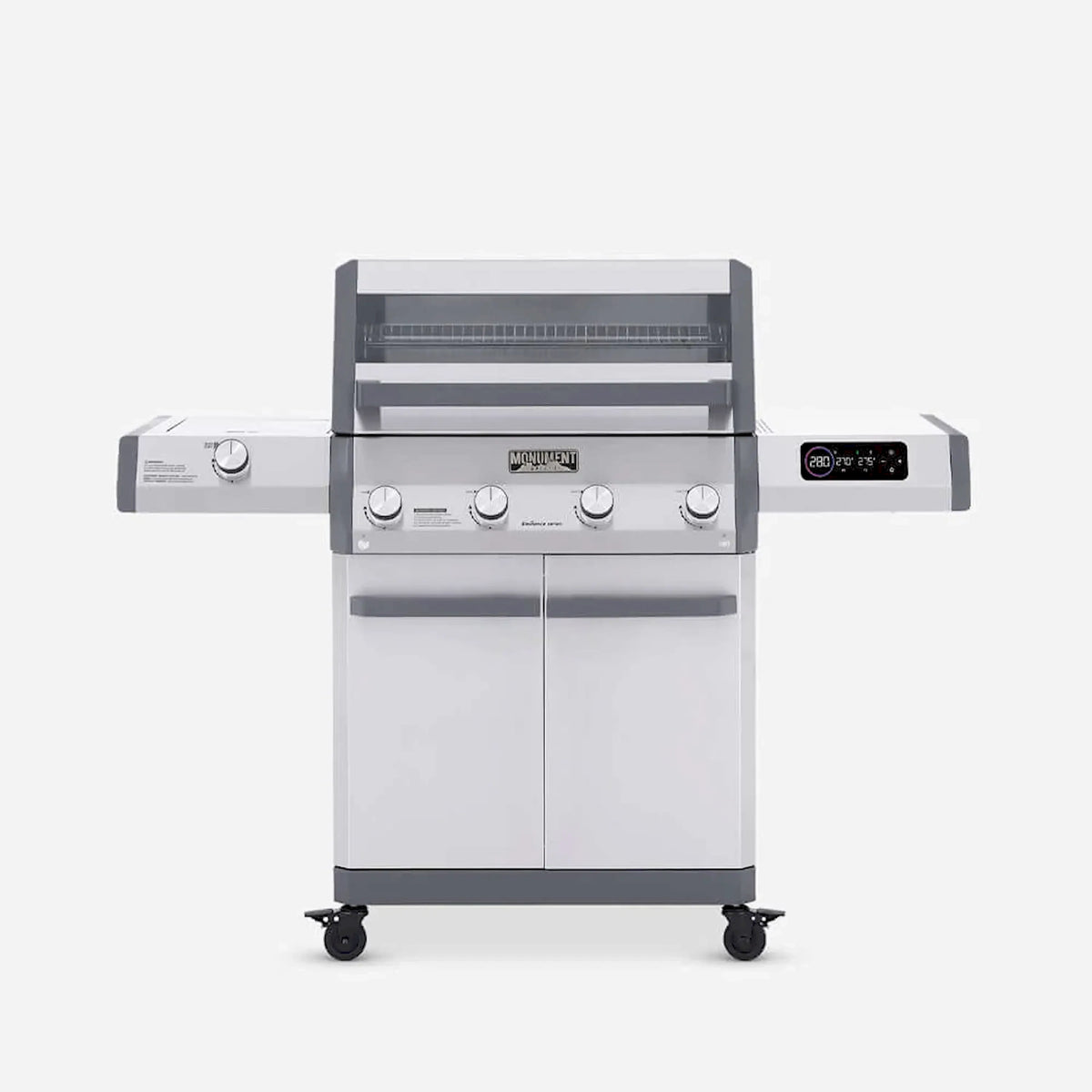 Stainless steel 4-burner propane grill with control knobs and side trays