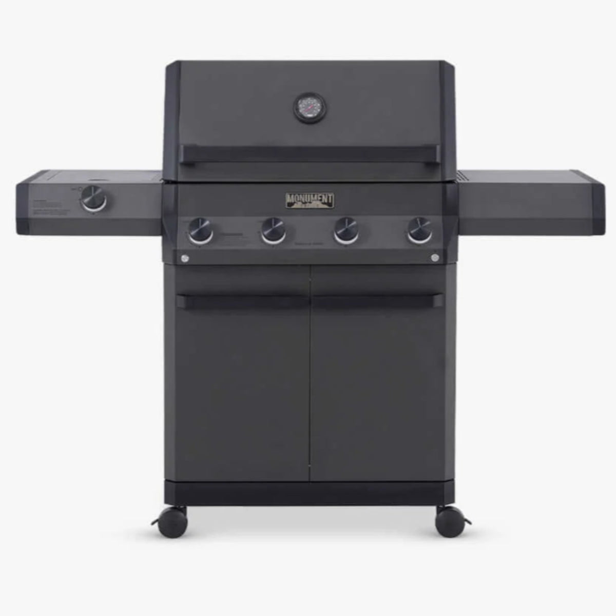 Monument 4-burner propane gas grill, black powder-coated body and side shelf