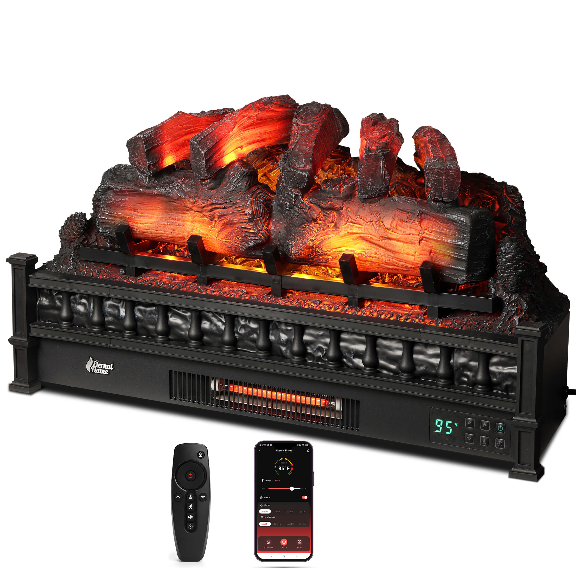 Electric fireplace with glowing orange log set and black cabinet, plus remote control