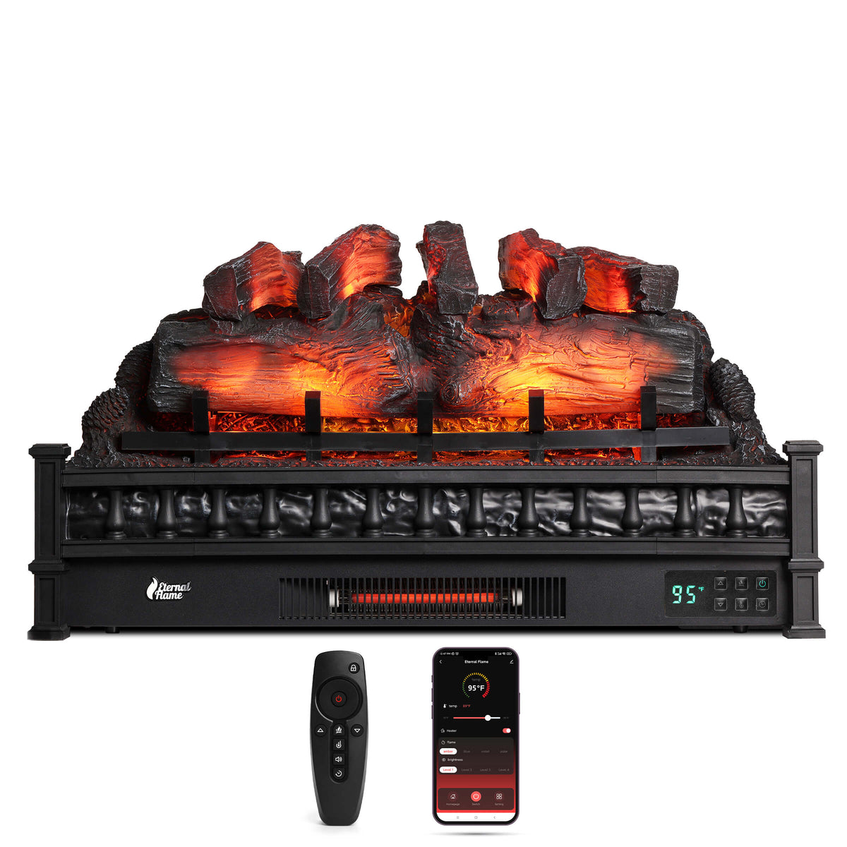 Electric fireplace with glowing log bed, black front panel, digital display and remote