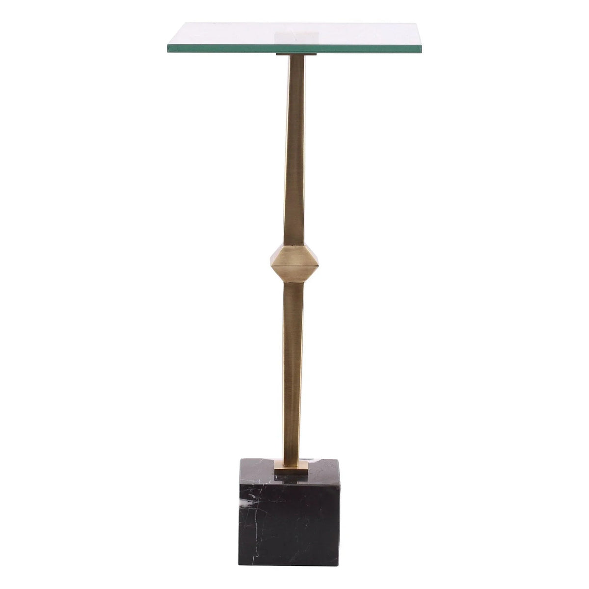 Square side table with glass top, golden pedestal stem, and dark marble base