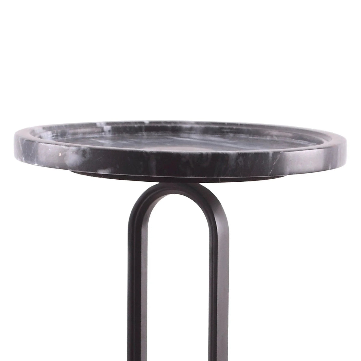 Black marble-look round tabletop with dark metal U-frame stand