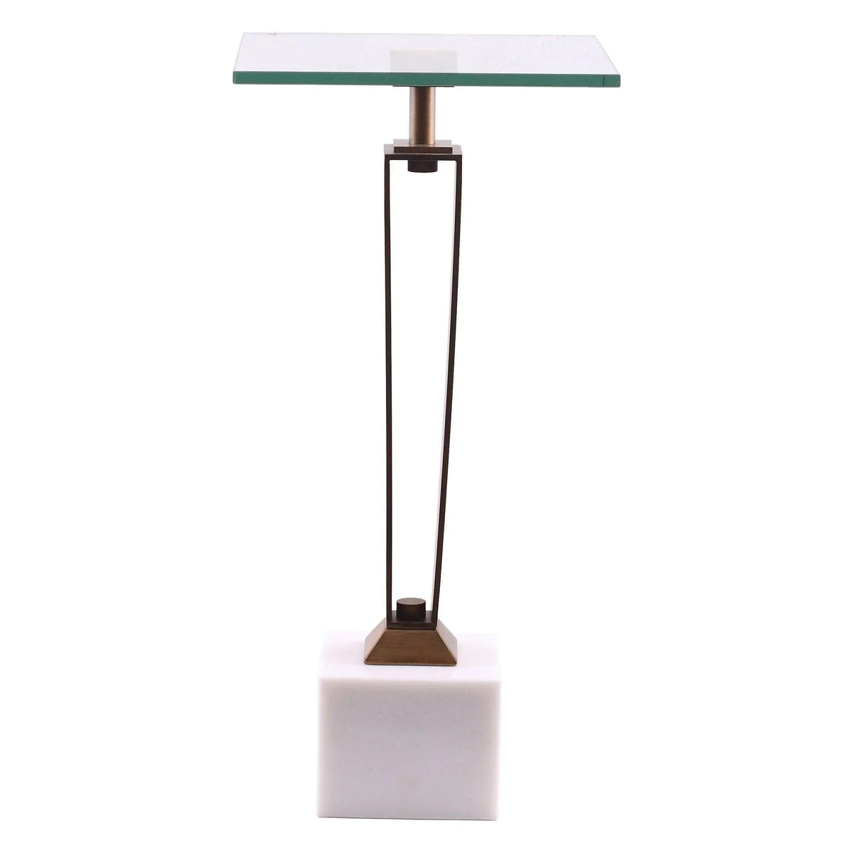 Modern martini table with green-tinted glass top, slender golden frame, white cube base