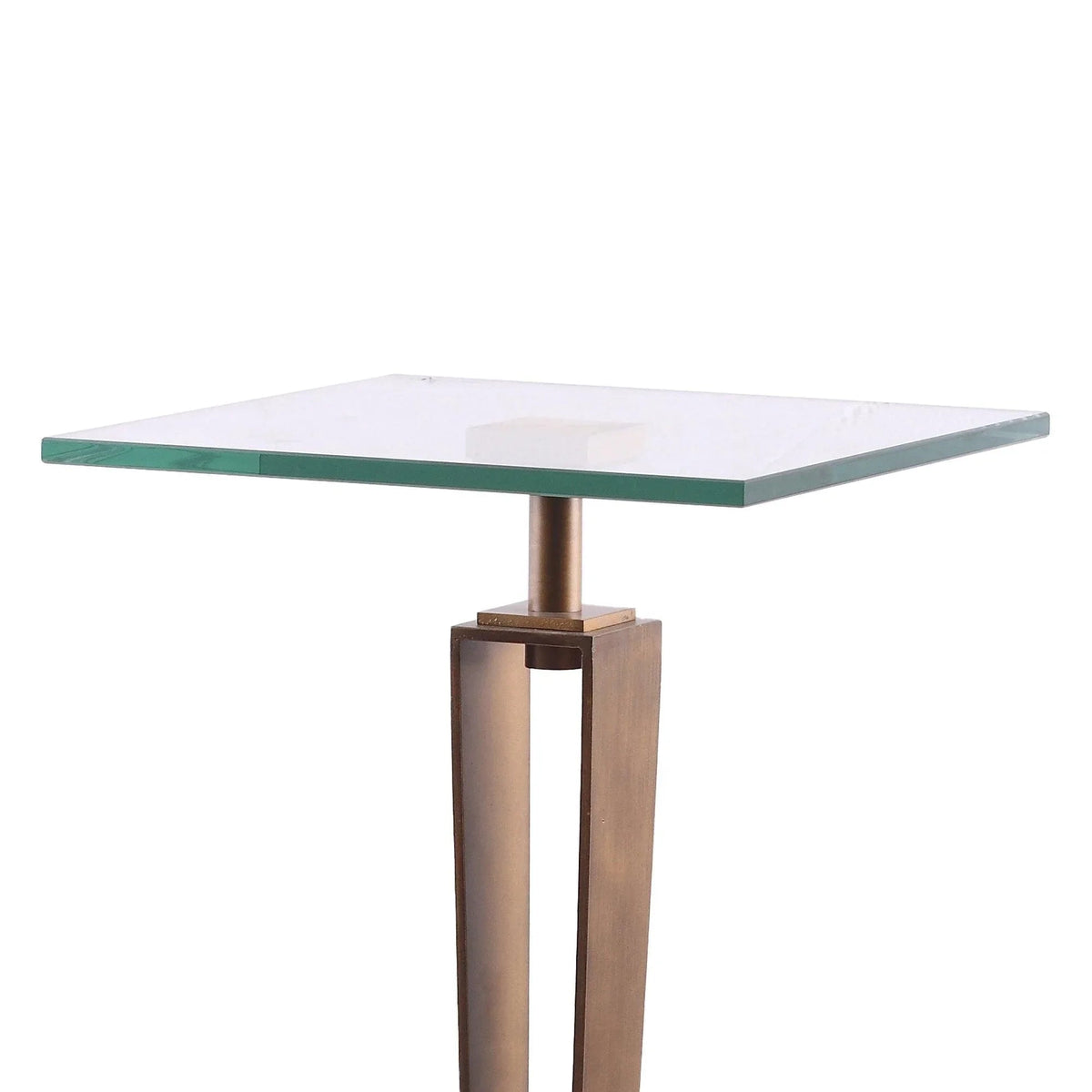 Modern martini table with green-tinted glass top and golden metal frame