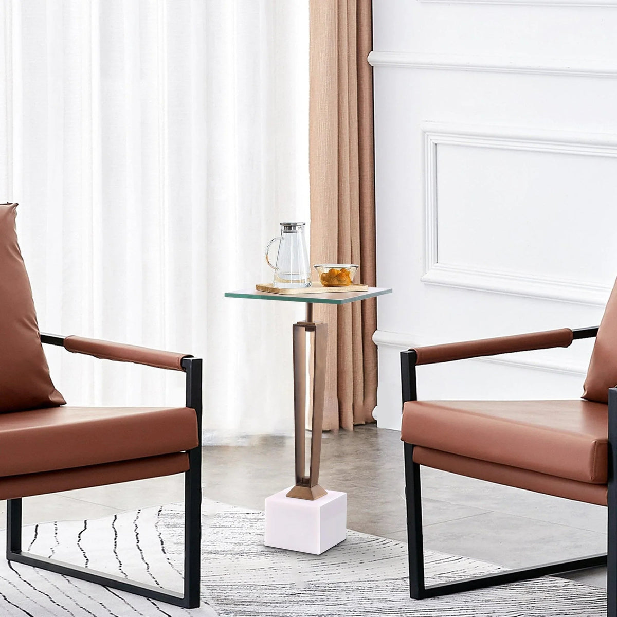 Modern martini table with green-tinted glass top and white cube base, golden frame