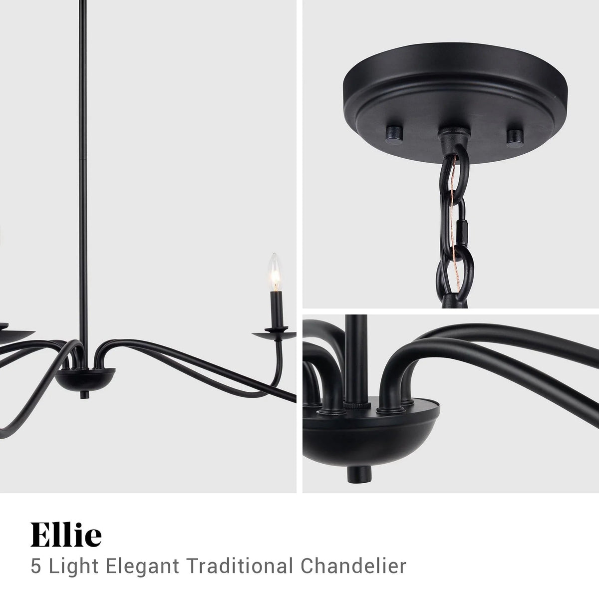 Black 5-light chandelier close-up with curved arms and round ceiling canopy
