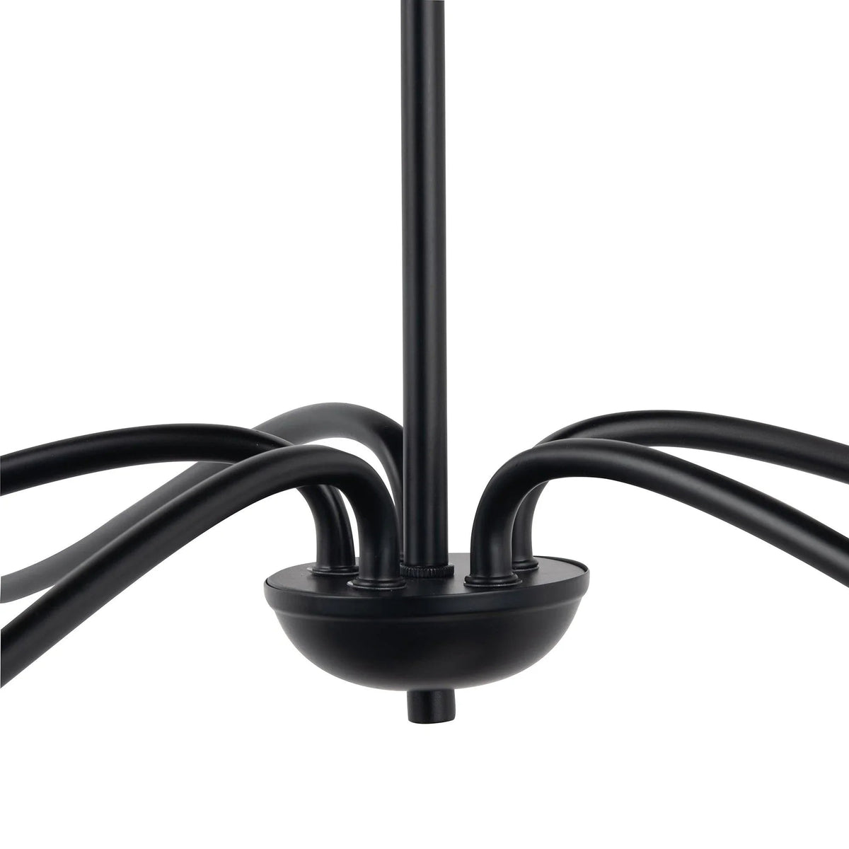 Black central stem and curved arms of a 5-light industrial chandelier