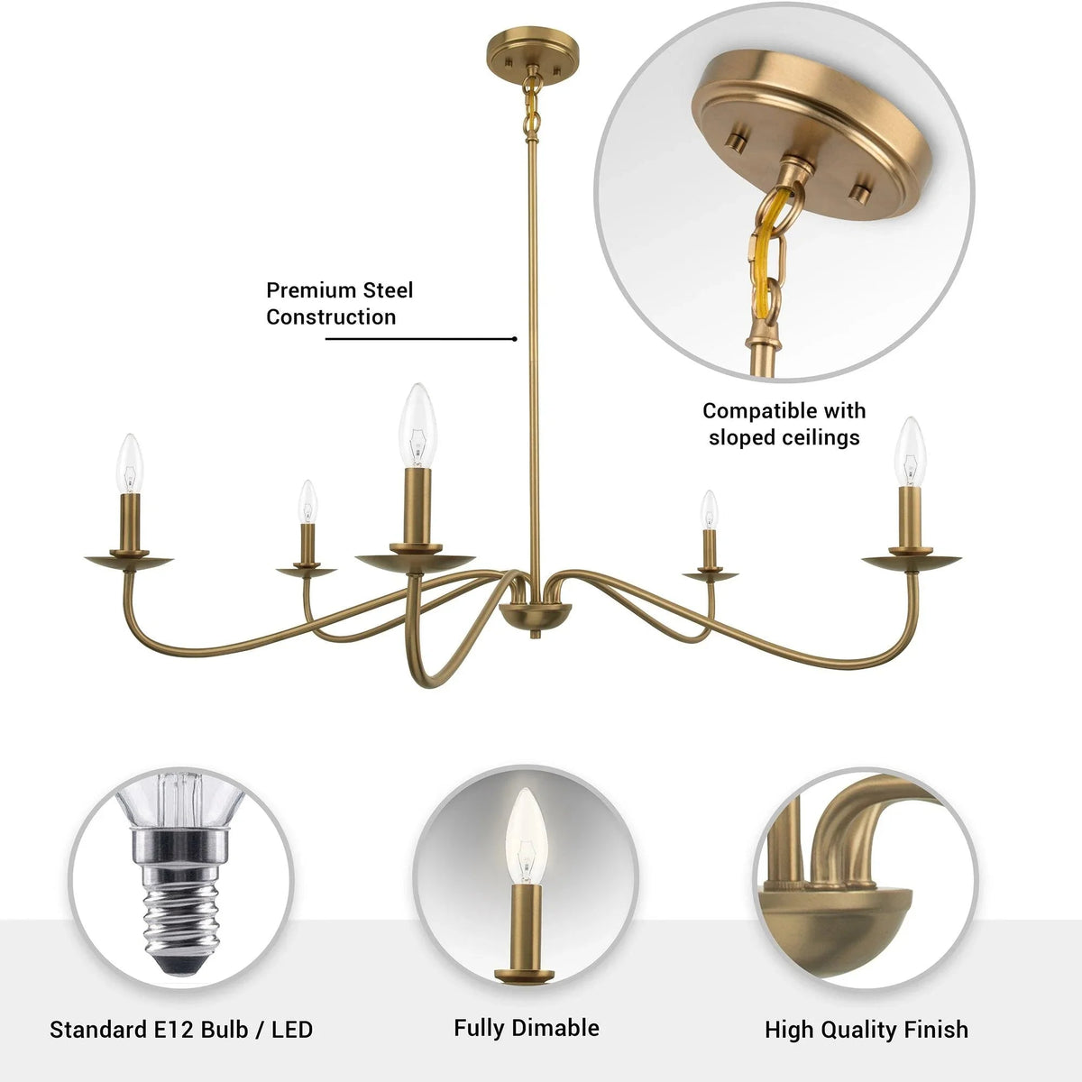 Gold 5-light chandelier with E12 bulb sockets and dimmable design