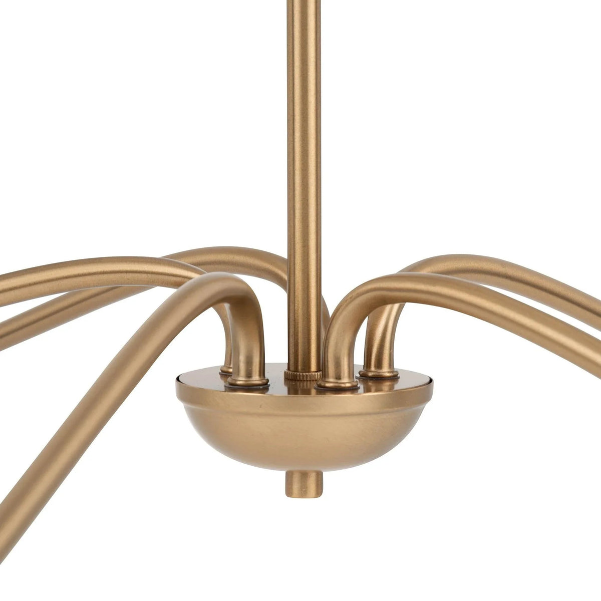 Gold chandelier center bowl detail with curved arms and vertical stem
