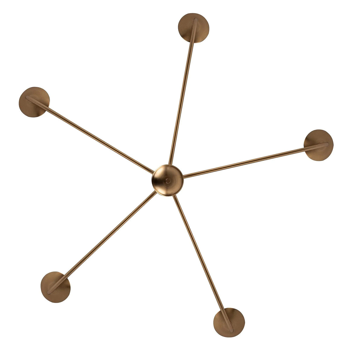Gold chandelier with five arms radiating from a central hub and round canopy