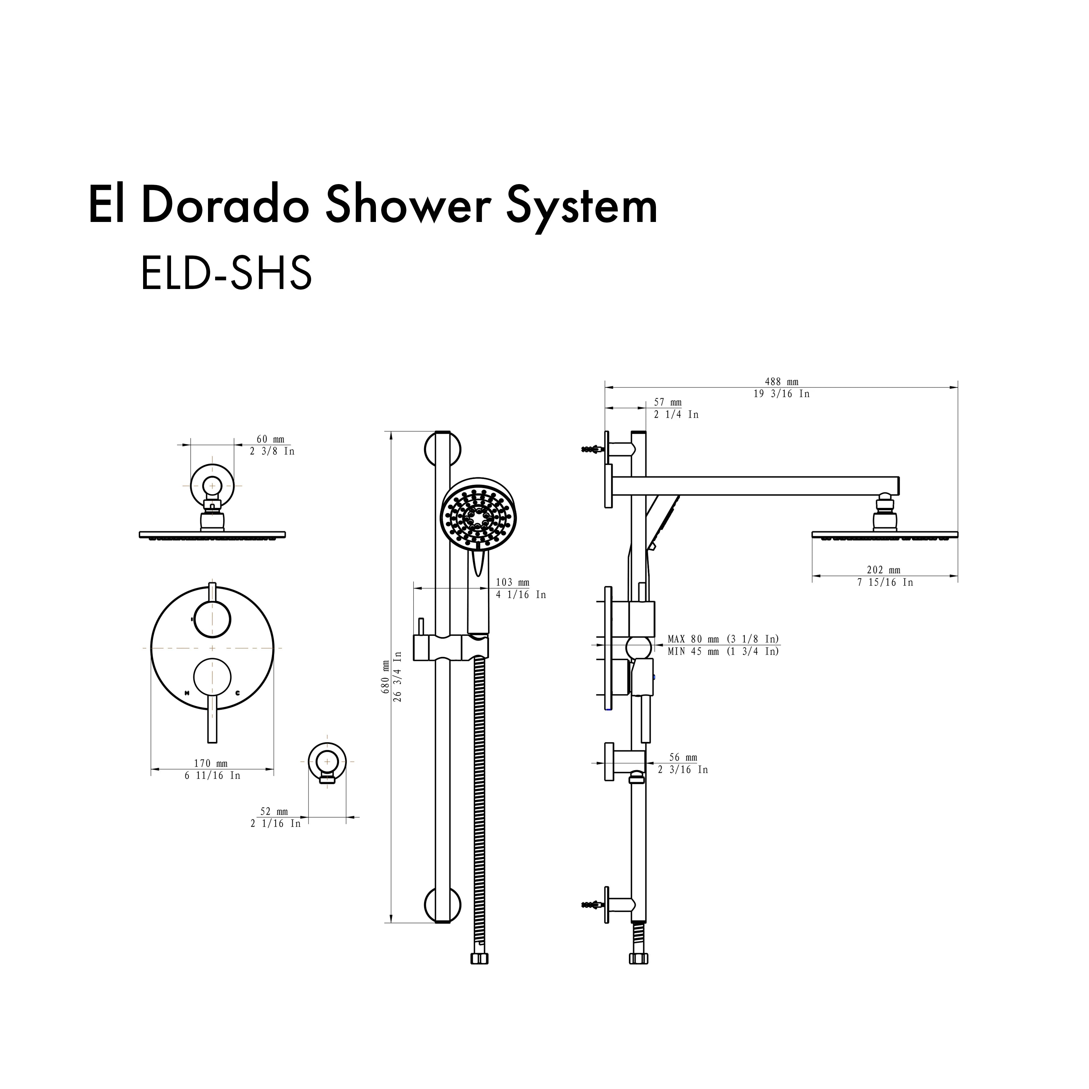 Shower system diagram showing overhead head, handheld sprayer, hose, and wall controls