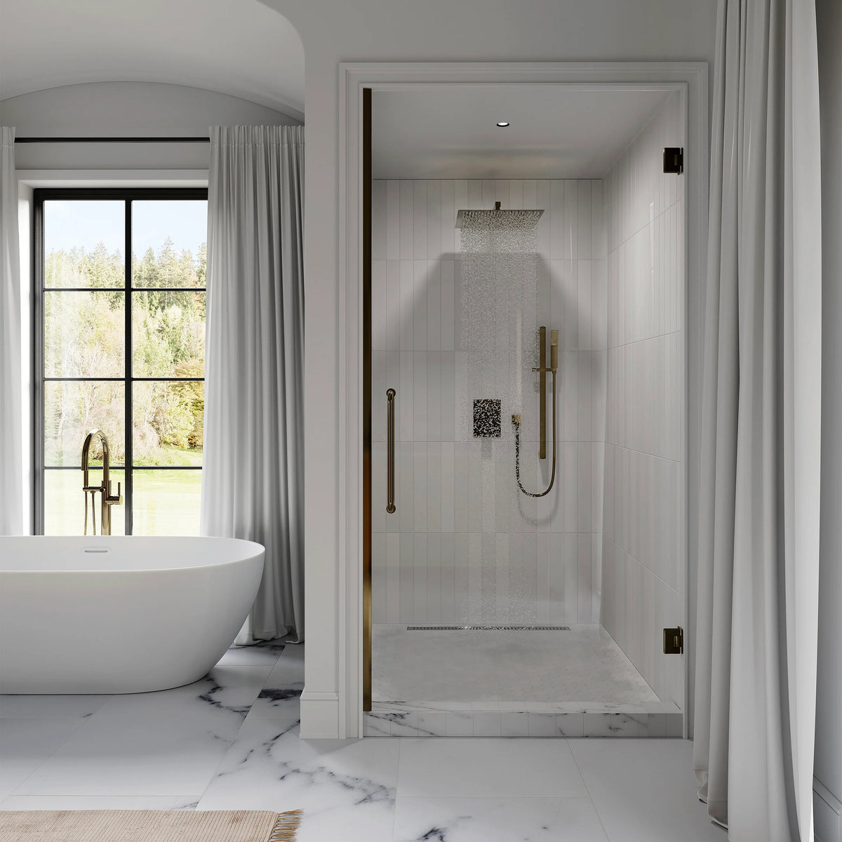 Wall-mounted thermostatic shower set in polished gold with rain shower and hand sprayer