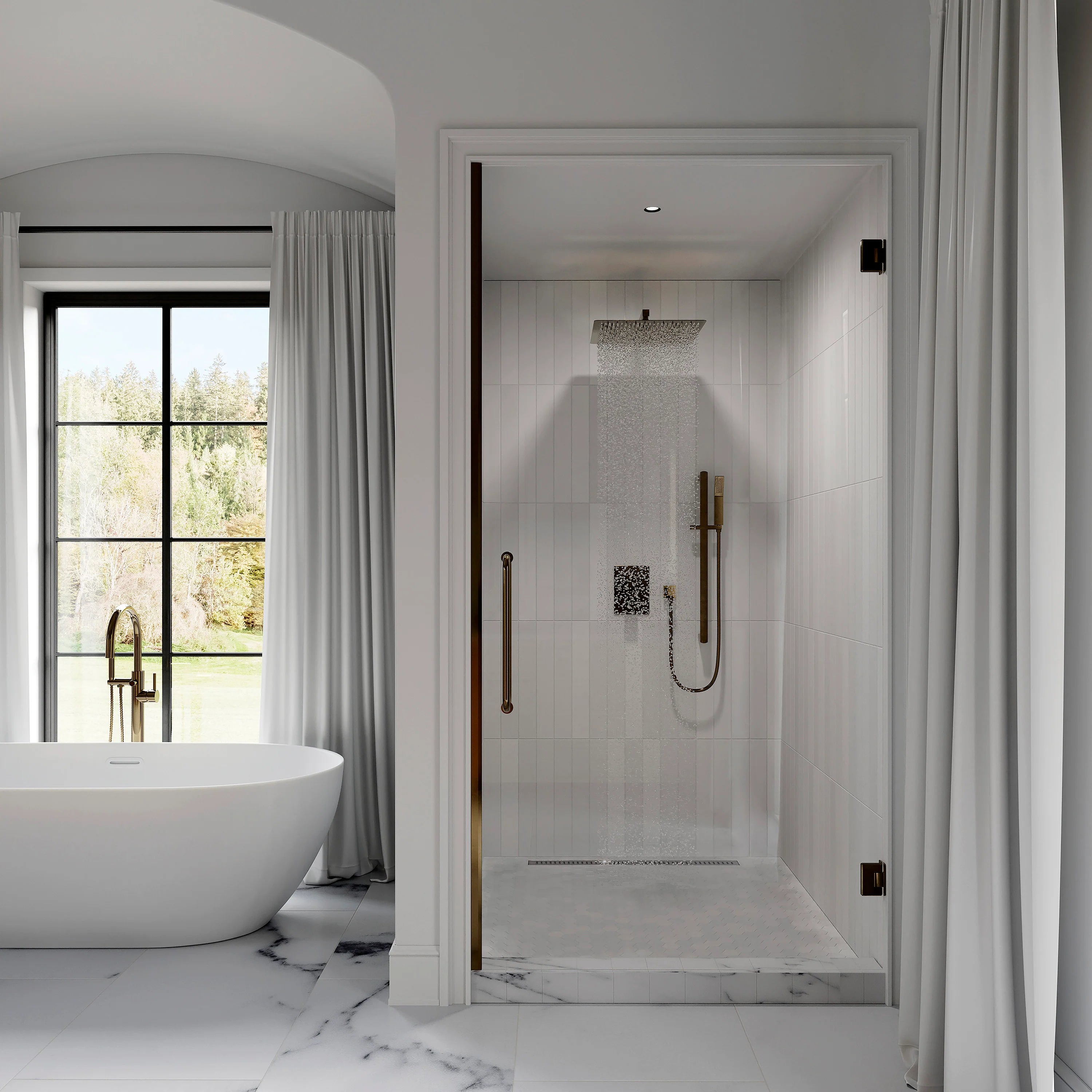 Champagne bronze thermostatic shower system with rainfall showerhead and handheld spray holder