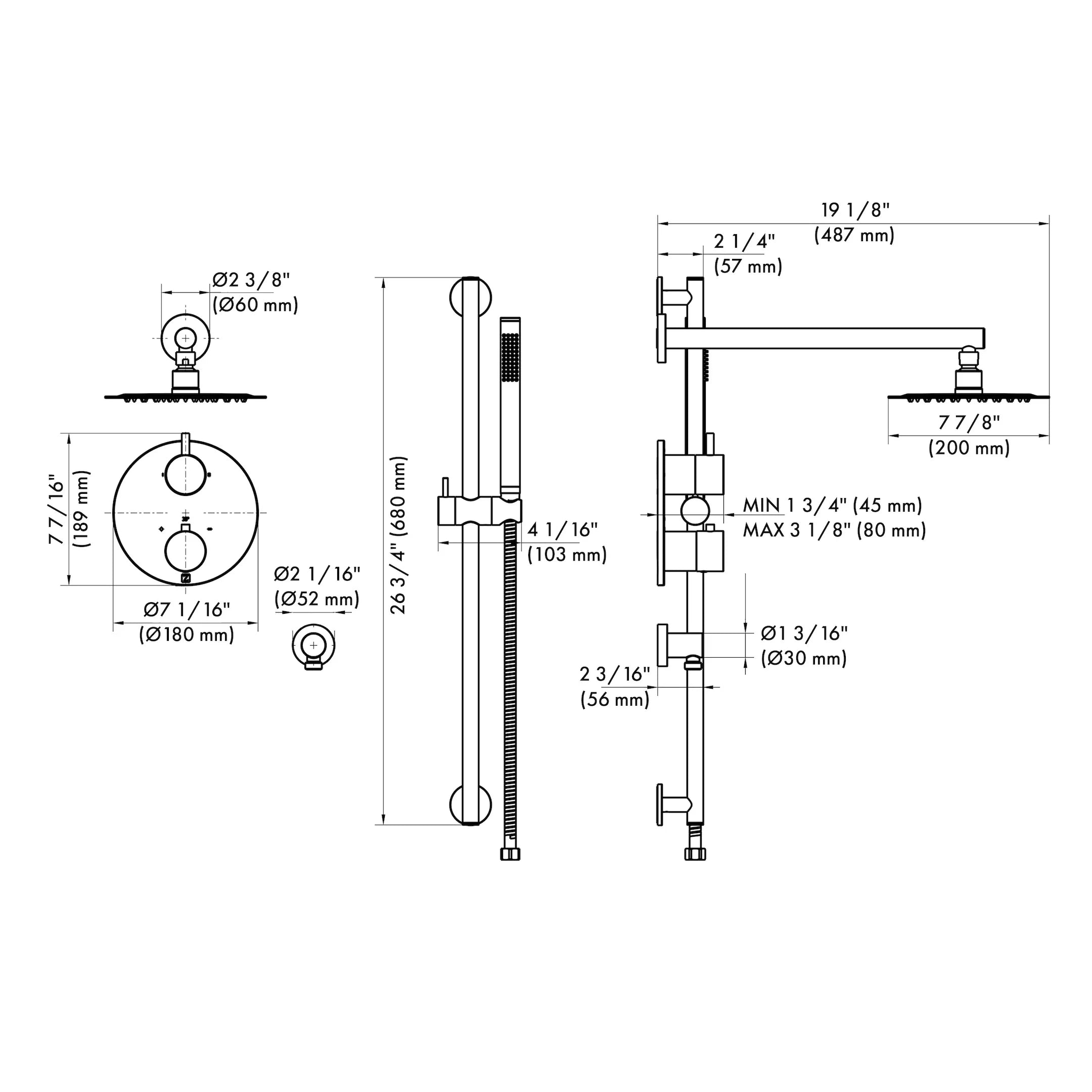 ZLINE Emerald Bay thermostatic shower system diagram with shower controls and hose