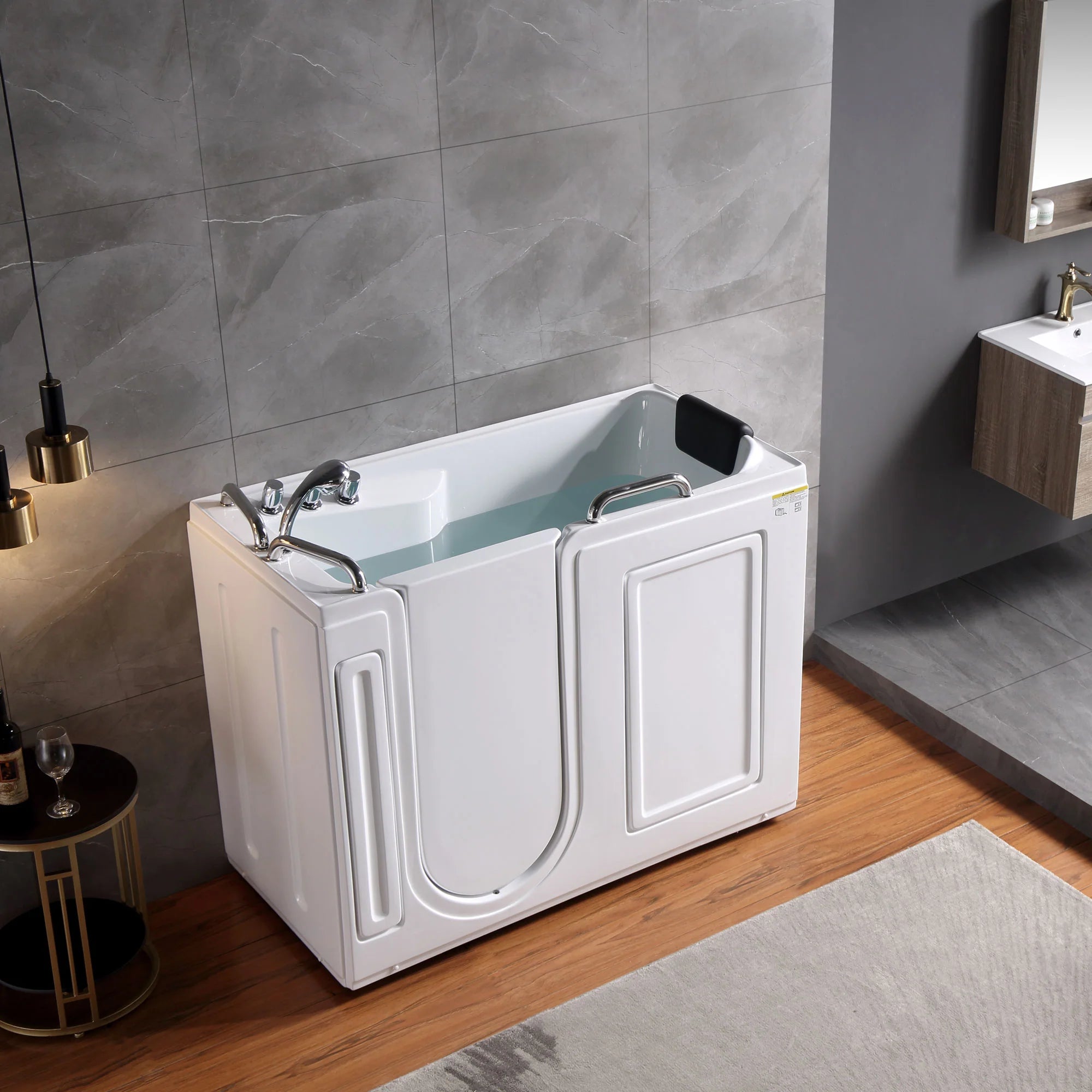 Walk-in soaking bathtub in white with light blue soaking interior and chrome faucet