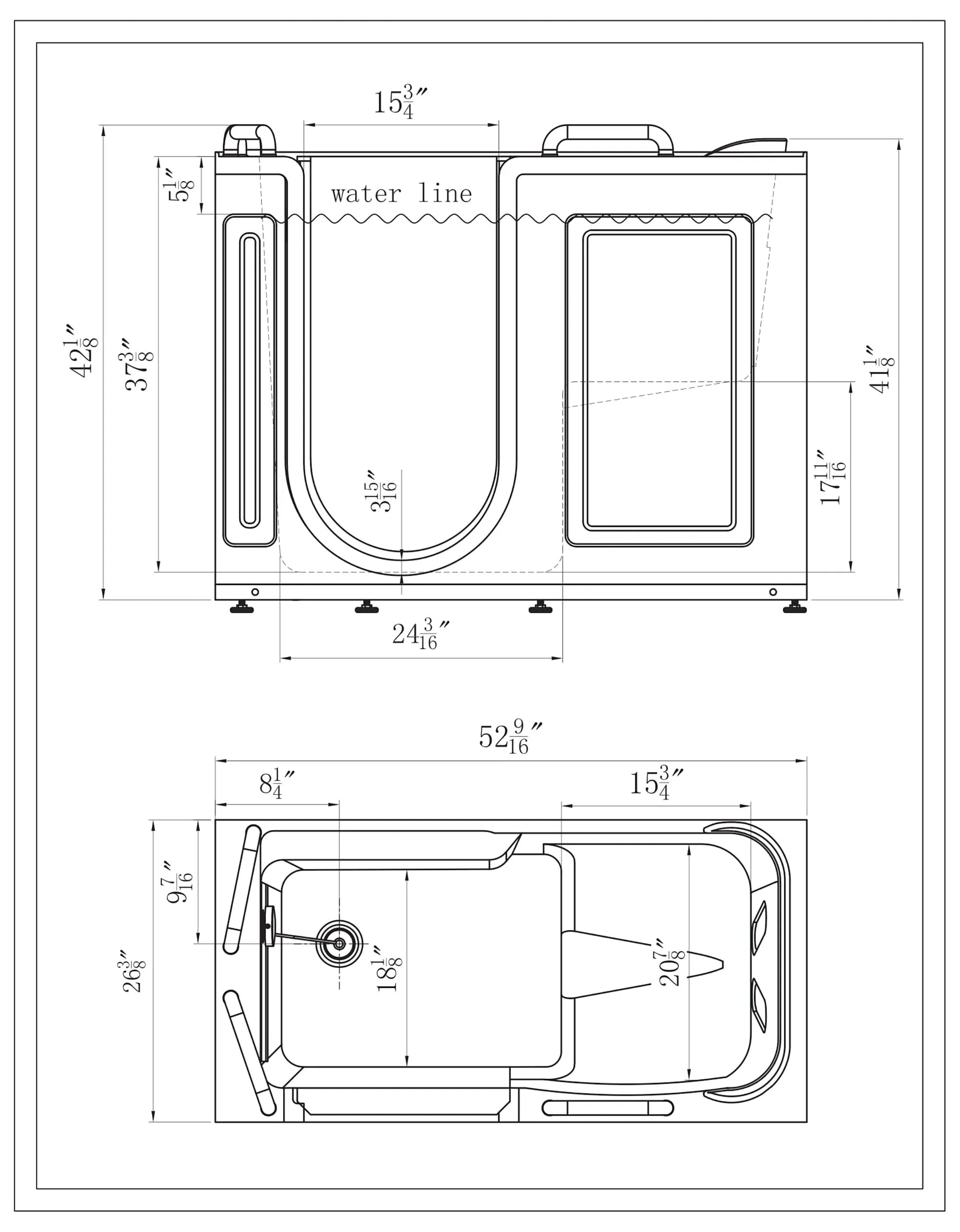 Walk-in soaking bathtub technical dimensions line drawing