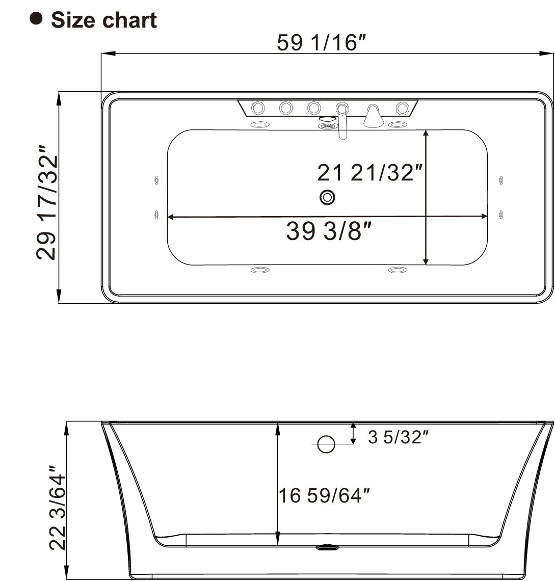 Size chart for 59-inch freestanding acrylic whirlpool bathtub with key length and width.