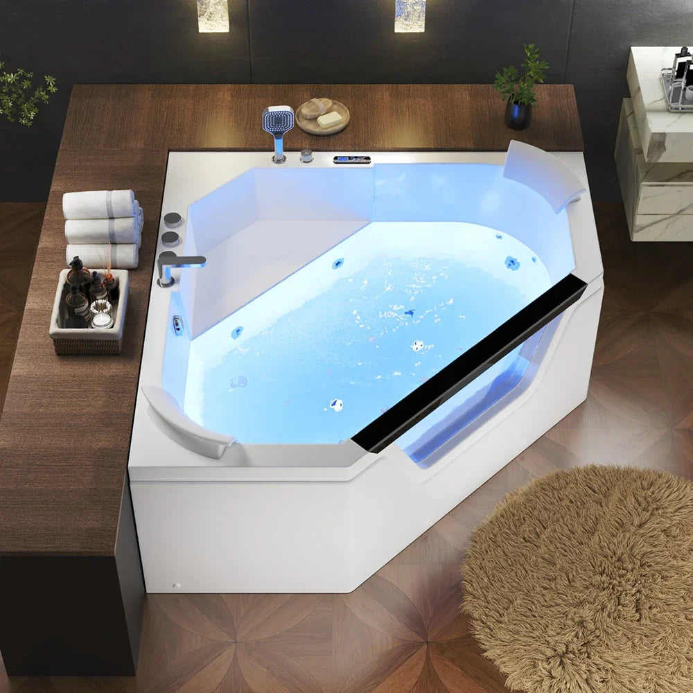 White alcove massage whirlpool tub with blue LED-lit water surface and chrome fixtures